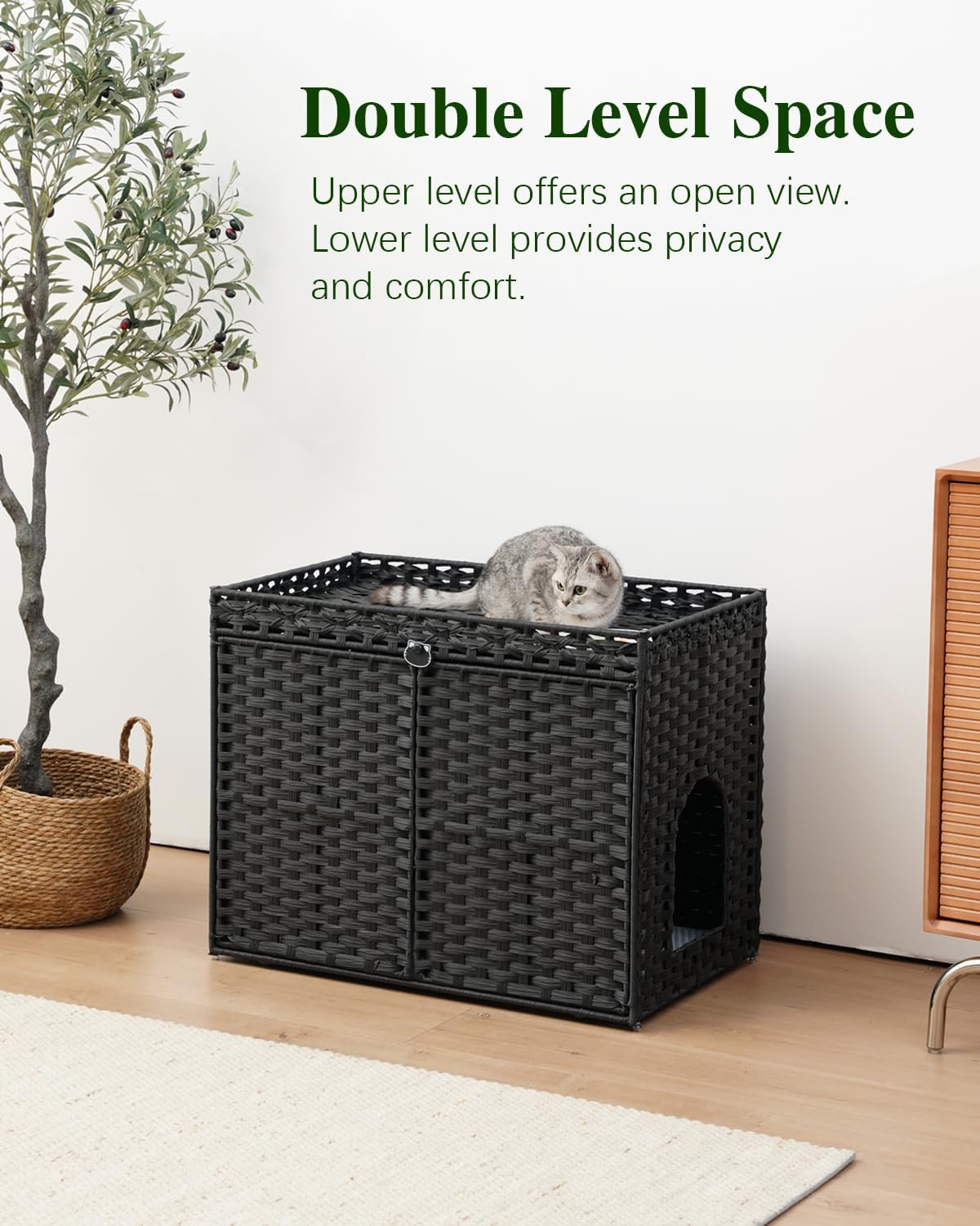 SETVSON Cat Litter Box Enclosure Furniture, Hidden Litter Box, Cat Litter Box Cabinet with 2 Litter Mats, Handwoven Rattan Large Space Cat House, Indoor for Living Room, Bedroom, Apartment Black