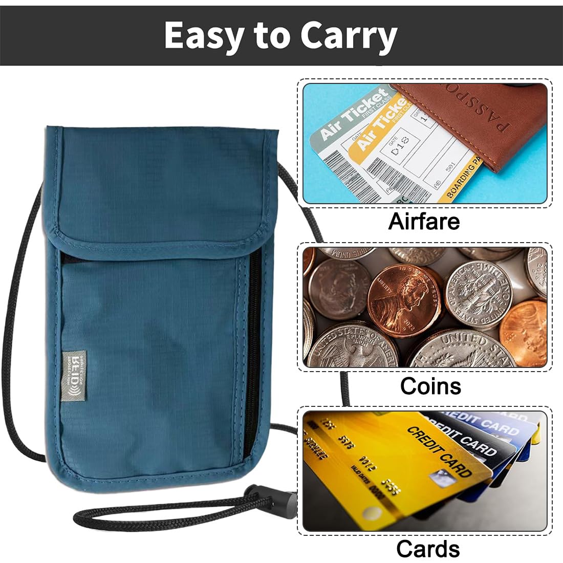 Portefeuille tour de cou bleu turquoise pour passeport pour