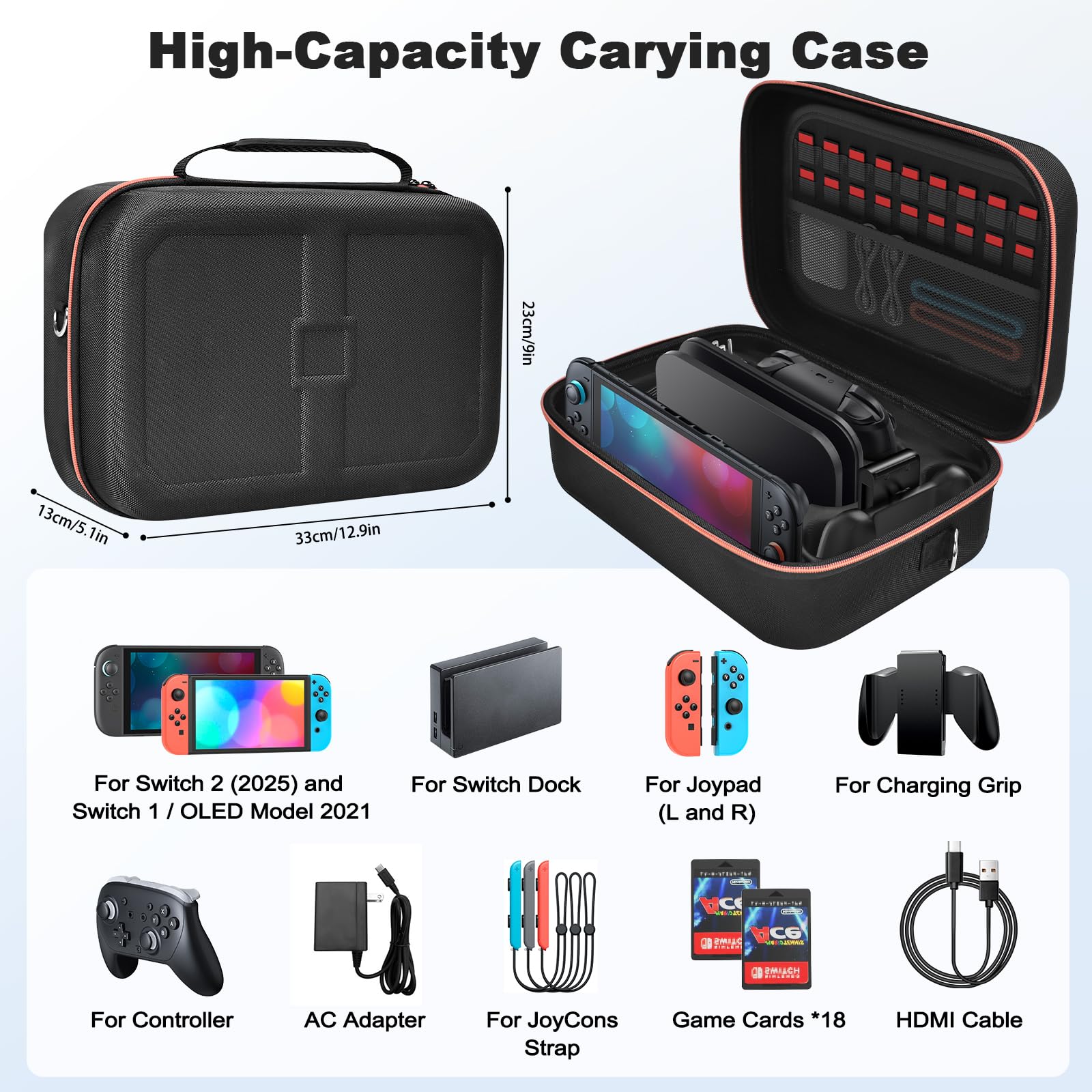 Sacoche de Protection pour Nintendo Switch 2/1 /OLED, Pochette de Transport Tout-en-Un Switch 2, Étui de Rangement avec Cartouches de Jeu pour Console et Accessoires - Noir