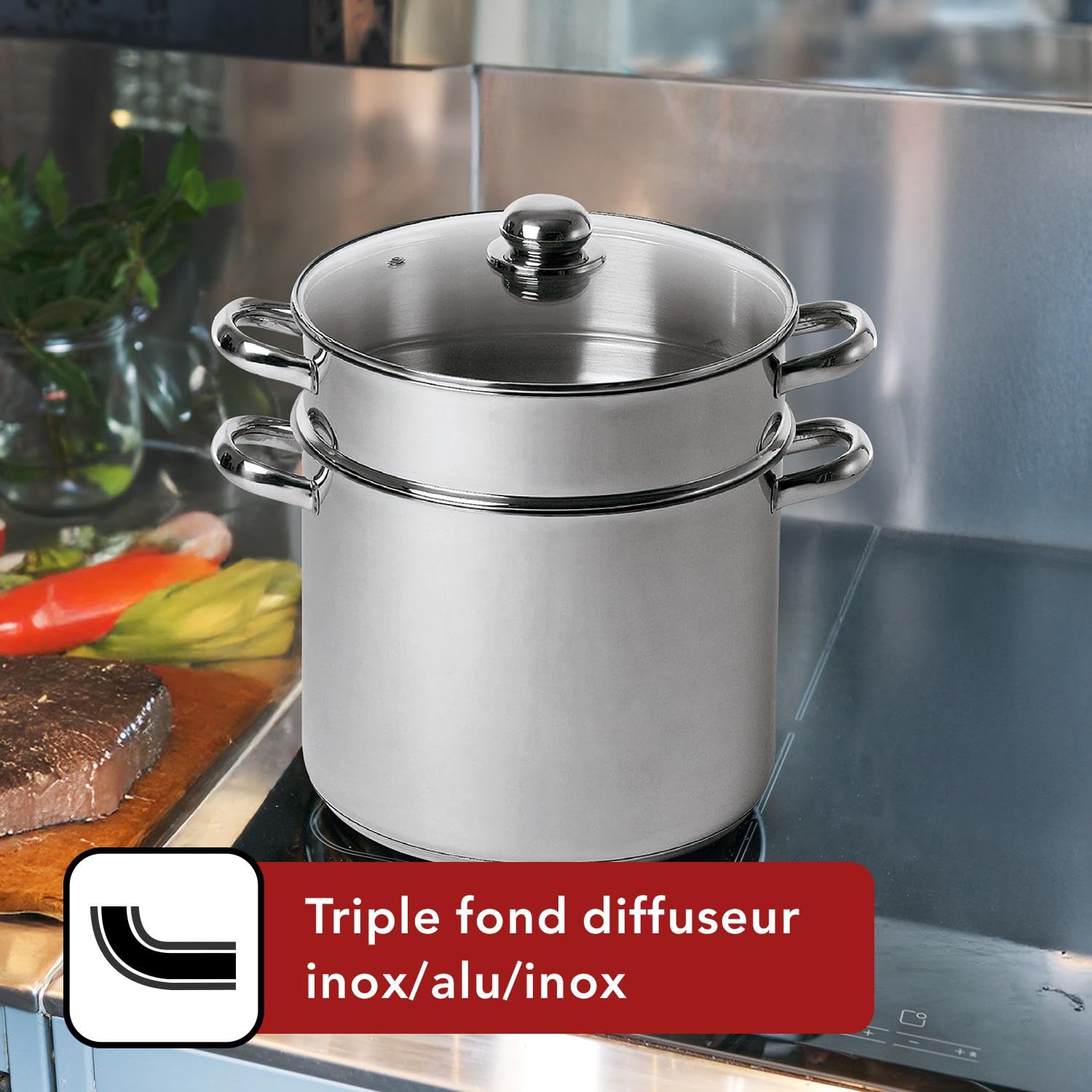 BAUMALU Combiné Traiteur Couscoussier Acier Inox Ø24cm 9L Triple Fond Diffuseur Induction