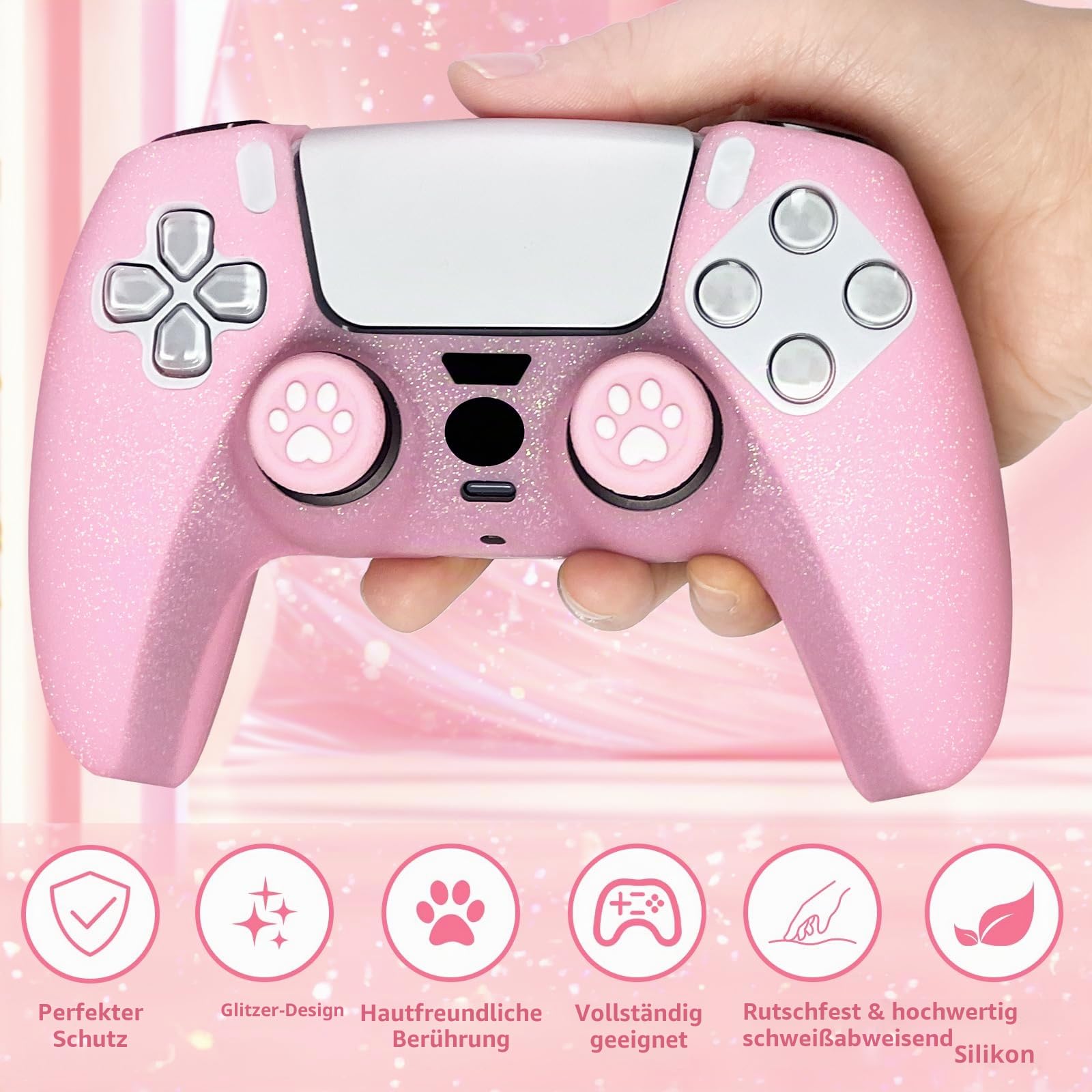 HLRAO rutschfeste Silikon-Schutzhülle mit Glitzer, kompatibel mit PS5/Slim/Pro Controller, 8 Stück Glitzer-Daumengriffkappen und 2 Griffkappen.