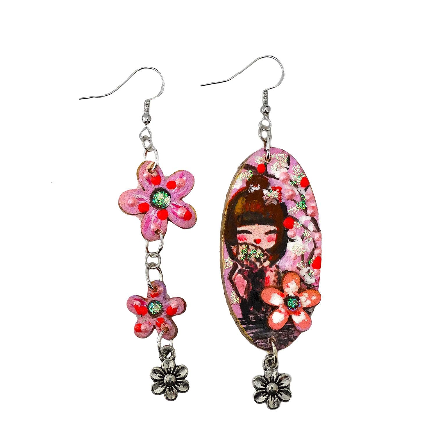 Pendientes pintados a mano – HOMENAJE A LAS MUÑECAS KOKESHI - rosa - Pendientes colgantes de mujer, Joyas de madera pintadas a mano, Made in Italy, Bisutería femenina decorada, Elaboración artesanal