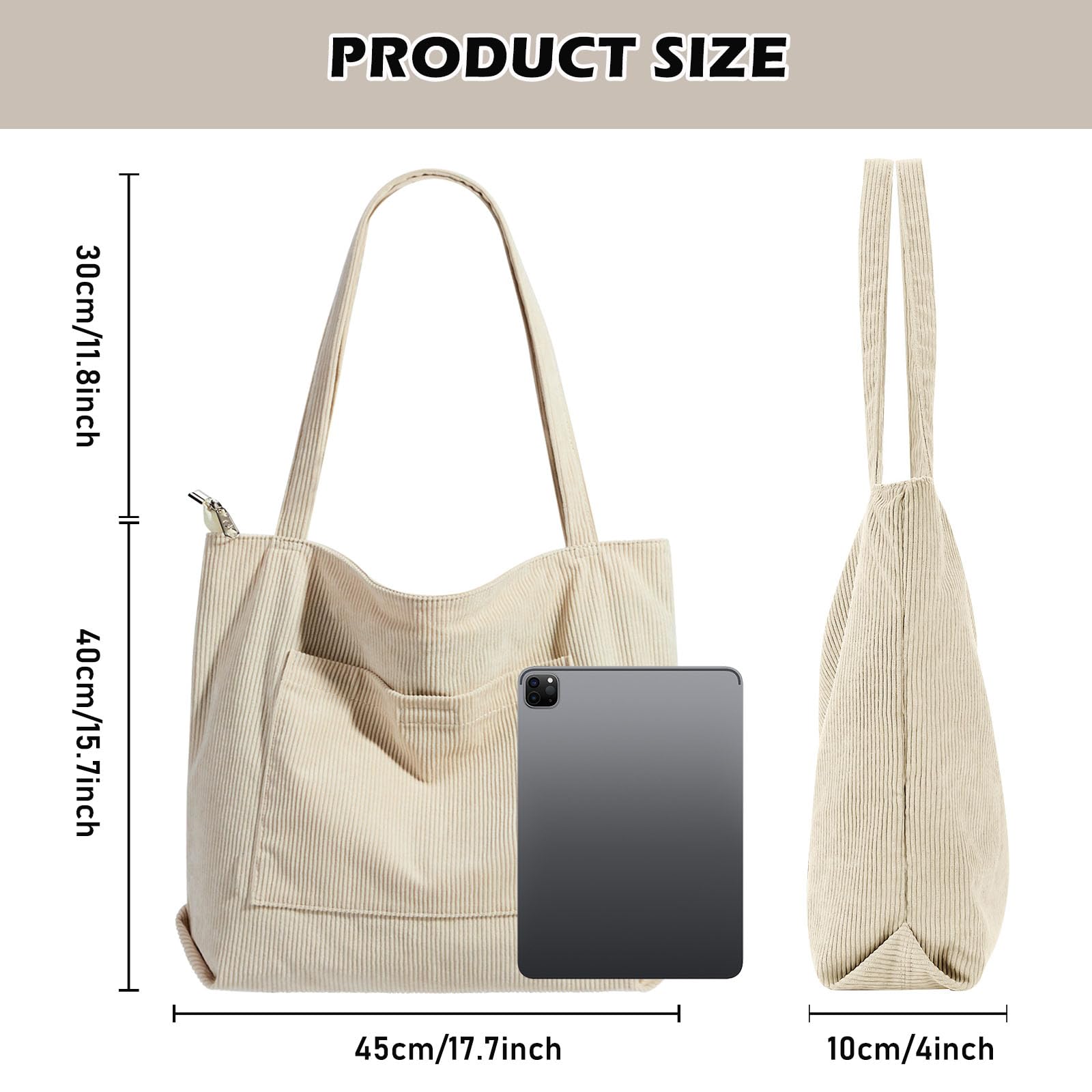 Tote Bag Sac Fourre Tout Femme Sac Cabas Femme en Velours Côtelé Sac Bandouliere Grand Sac a Main Femme Sac Cours Sacs de Courses Sac Tissu avec Fermeture Éclair et Poches