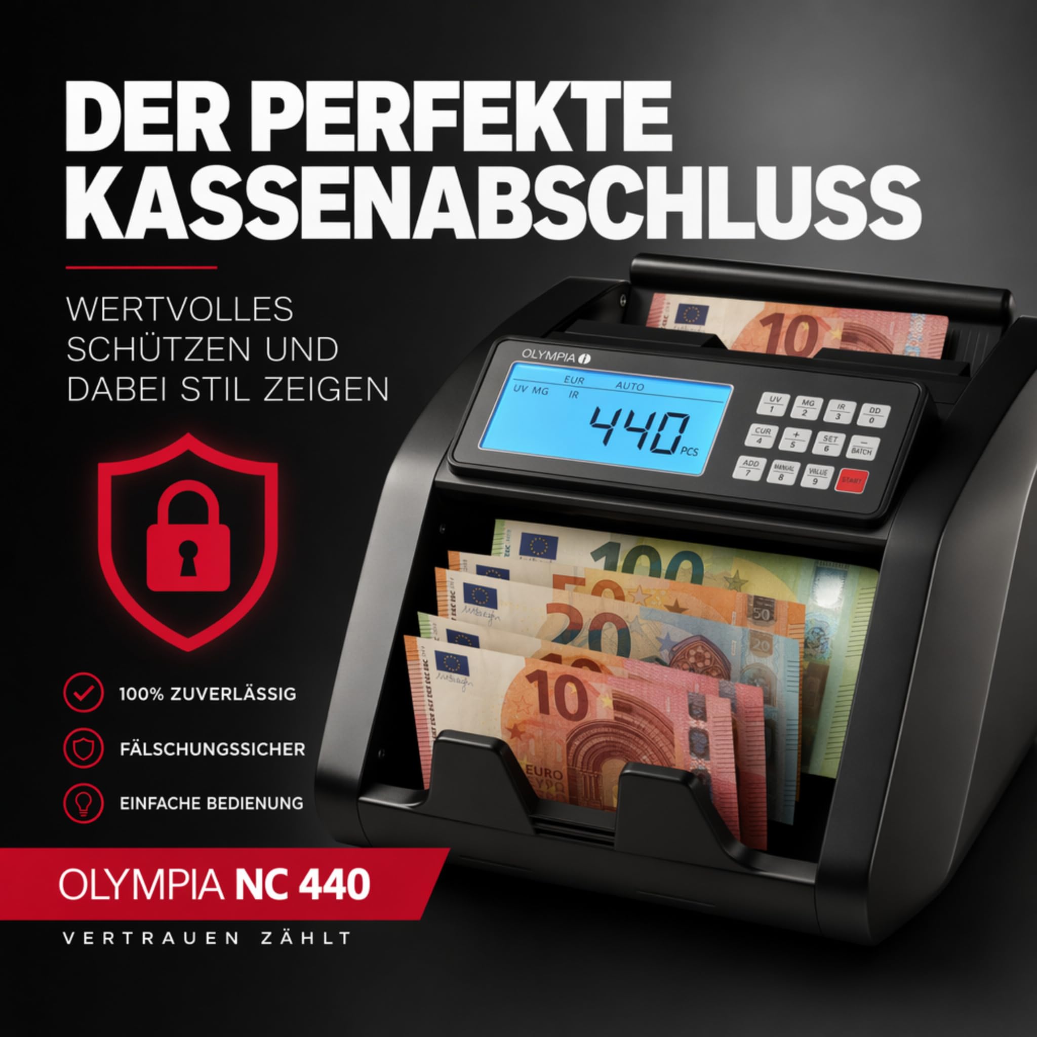 Olympia NC 440 - Contatore di soldi con rilevamento di banconote false UV MG IR DD, 1.000 note/min, funzione aggiuntiva e batch