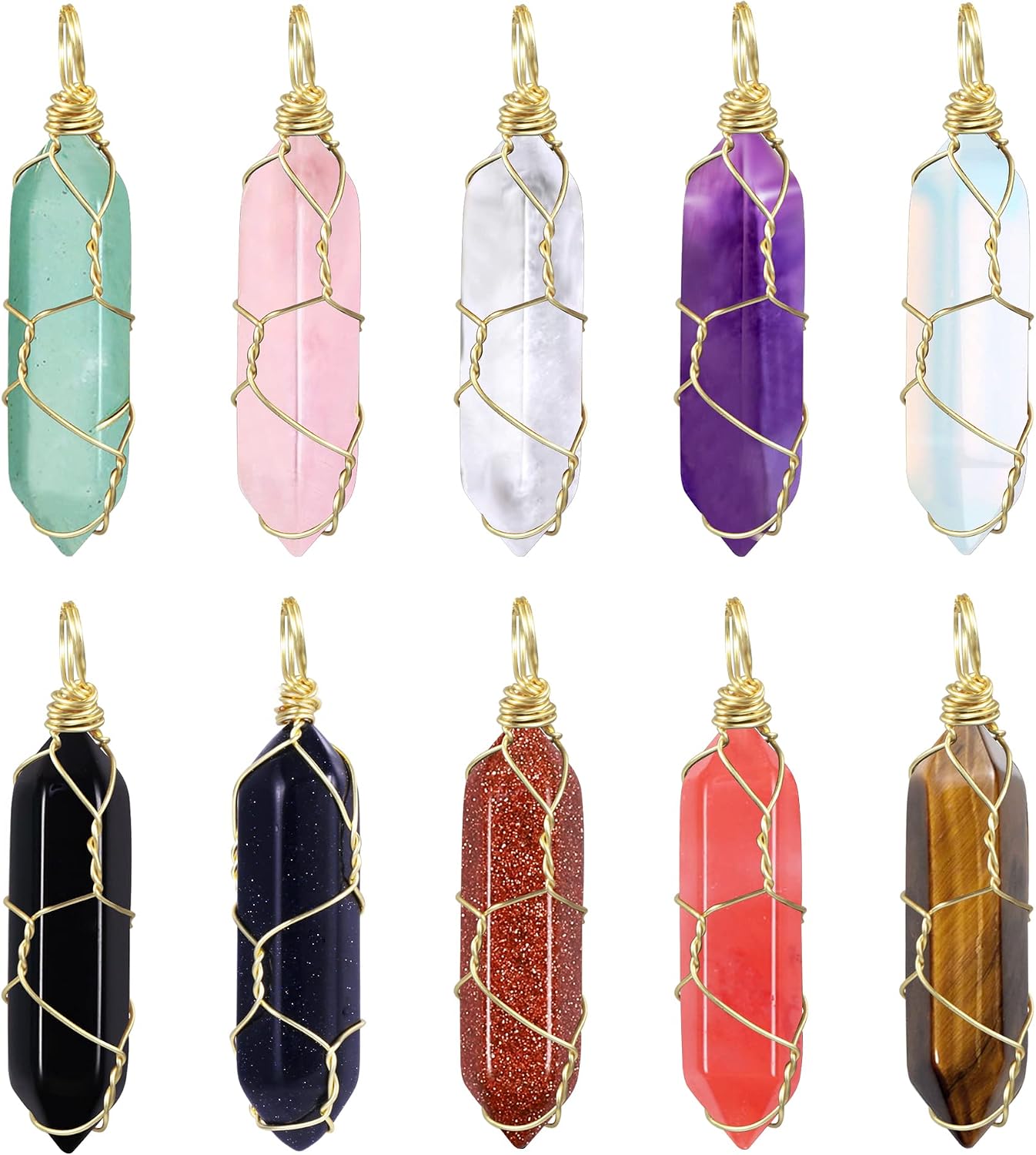 ALEXCRAFT 10 PCS Natural Quartz Crystal Pendant Handmade Gold Wire Wrapped Quartz Healing Chakra Reiki Charm Bulk for Jewelry Making