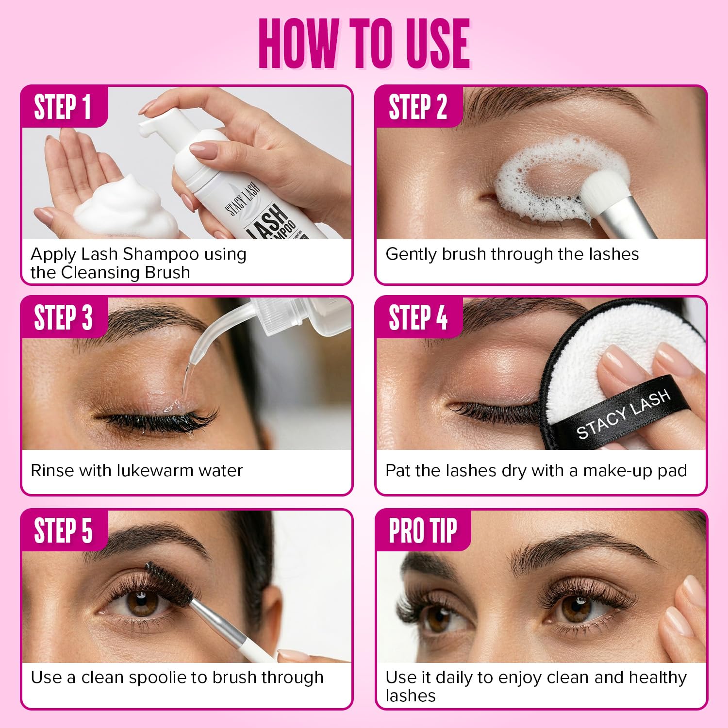 STACY LASH Kit di shampoo per ciglia da 50 ml, detergente schiumogeno con bobine di ciglia e flacone per risciacquo, tampone detergente e pennello per extension di ciglia, ciuffetti e ciglia naturali