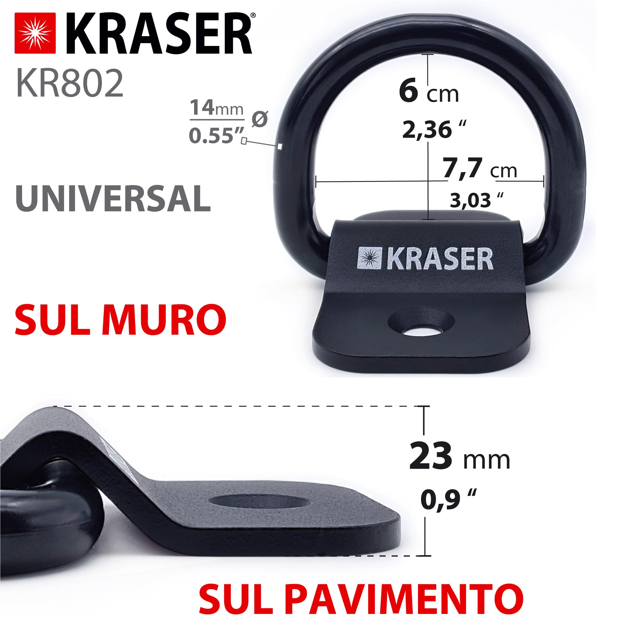 KRASER KR802 Ancoraggio Pavimento Moto Antifurto Fissaggio a Parete Garage Parcheggio Biciclette, Sicurezza Rimorchio Fissa, Anello Bilanciere ø14, Acciaio Resistente Compatto 12,8 x 6,5 Include Viti