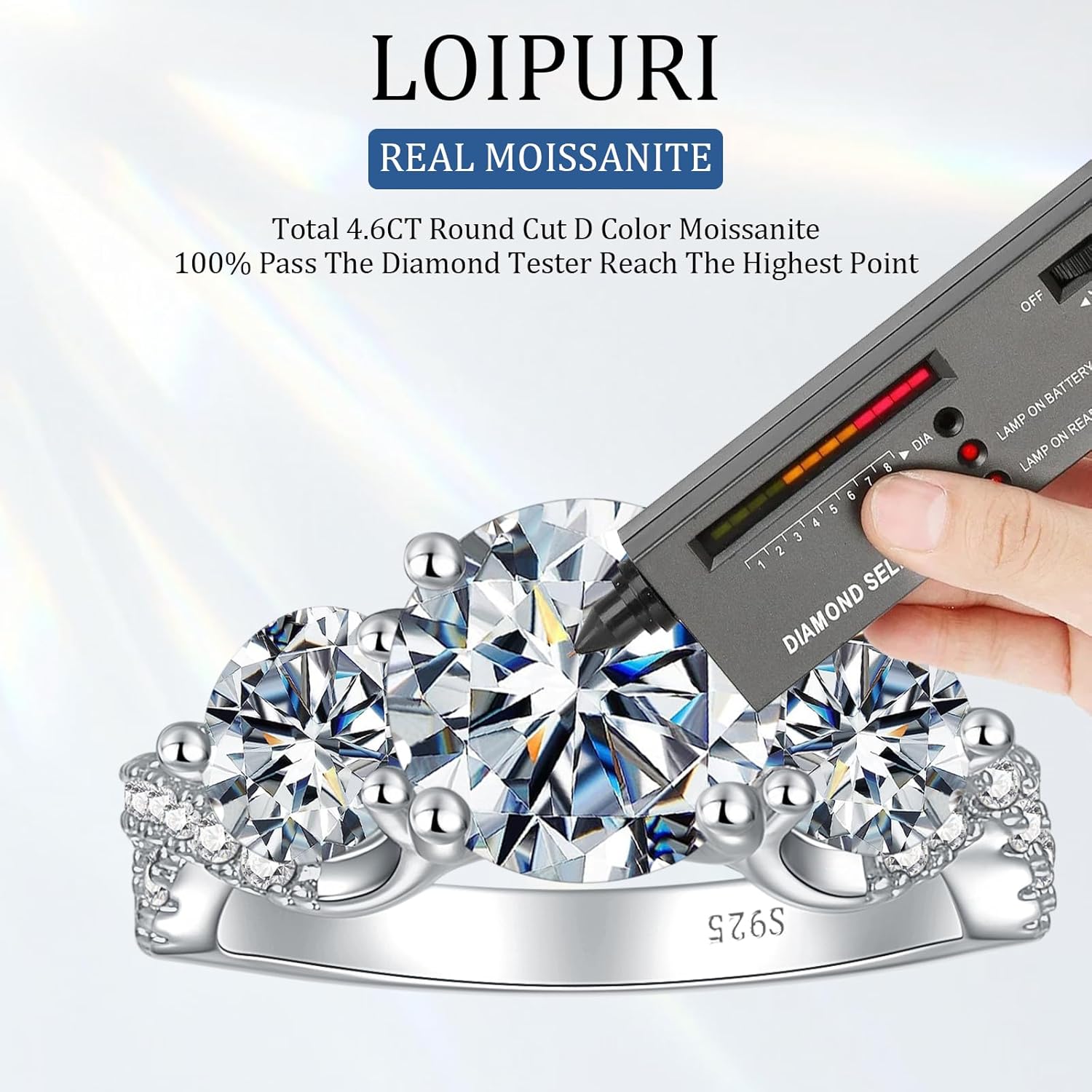 4.6CT 3 Stone Moissanite Engagement Ring, 925 Sterling Silver Wedding Band for Women, D Color VVS1 Round Cut Moissanite Ring Anniversary Promise Gift - Image 5