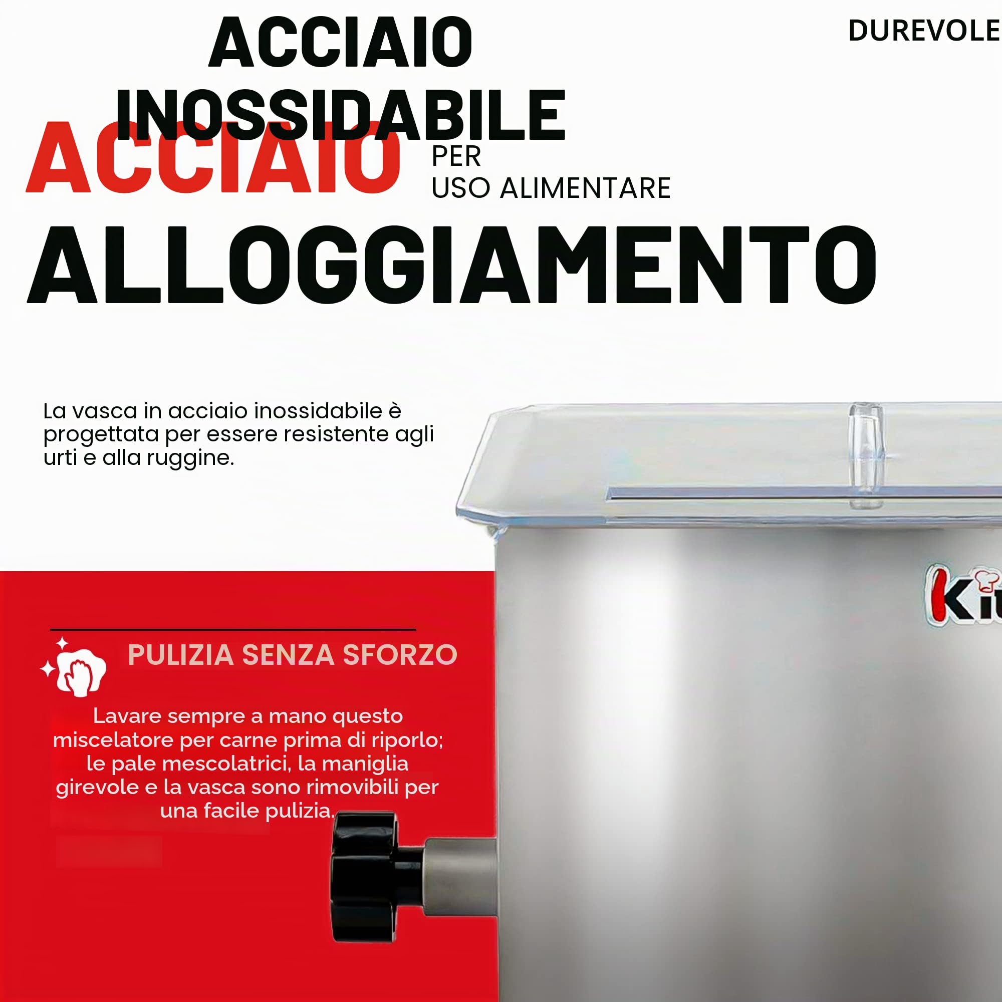 Kitchener heavy duty commercial grade manovella in acciaio inox mixer carne manual | Acciaio inox alimentare Heavy Duty; 4 pale rimovibili e coperchio trasparente, ideale per insaccati e carne condita