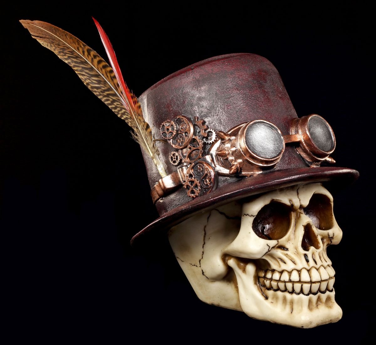 Steam Punk Calavera Figura con sombrero y Muelle – Cráneo Calavera Cráneo Gótico decorativo