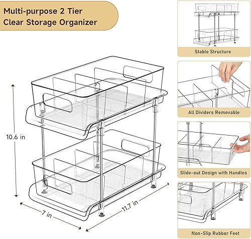 Miniatura 3 de HIHEGD Organizador de Almacenamiento de Baño de 2 Niveles con Separadores, Transparente, Extraíble Debajo del Fregadero para Cocina, Despensa,