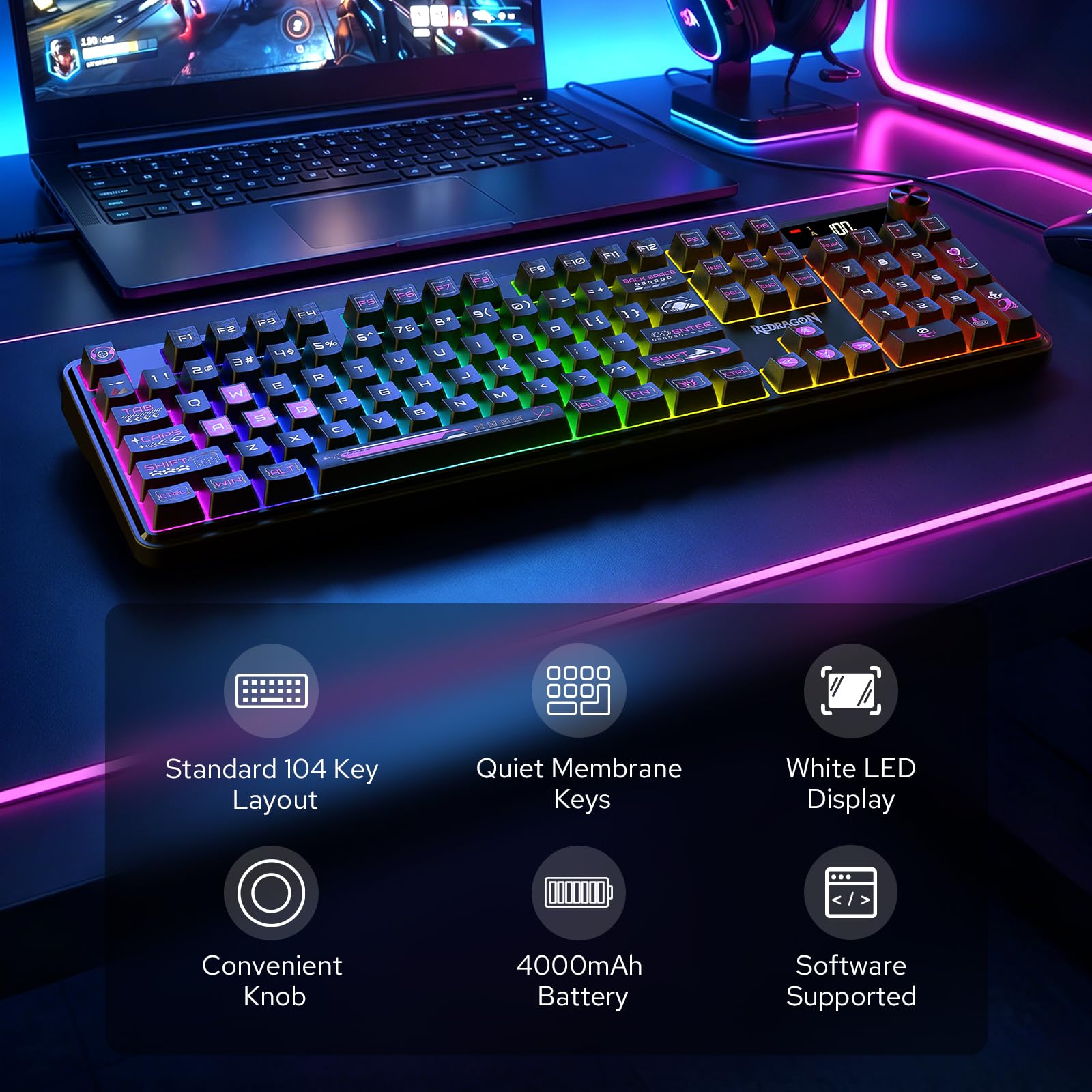 Redragon Teclado inalámbrico K526 PRO RGB para juegos, teclado de 104 teclas de tacto mecánico con pantalla de información LED, control de perilla retroiluminada, interruptor lineal suave y compatible