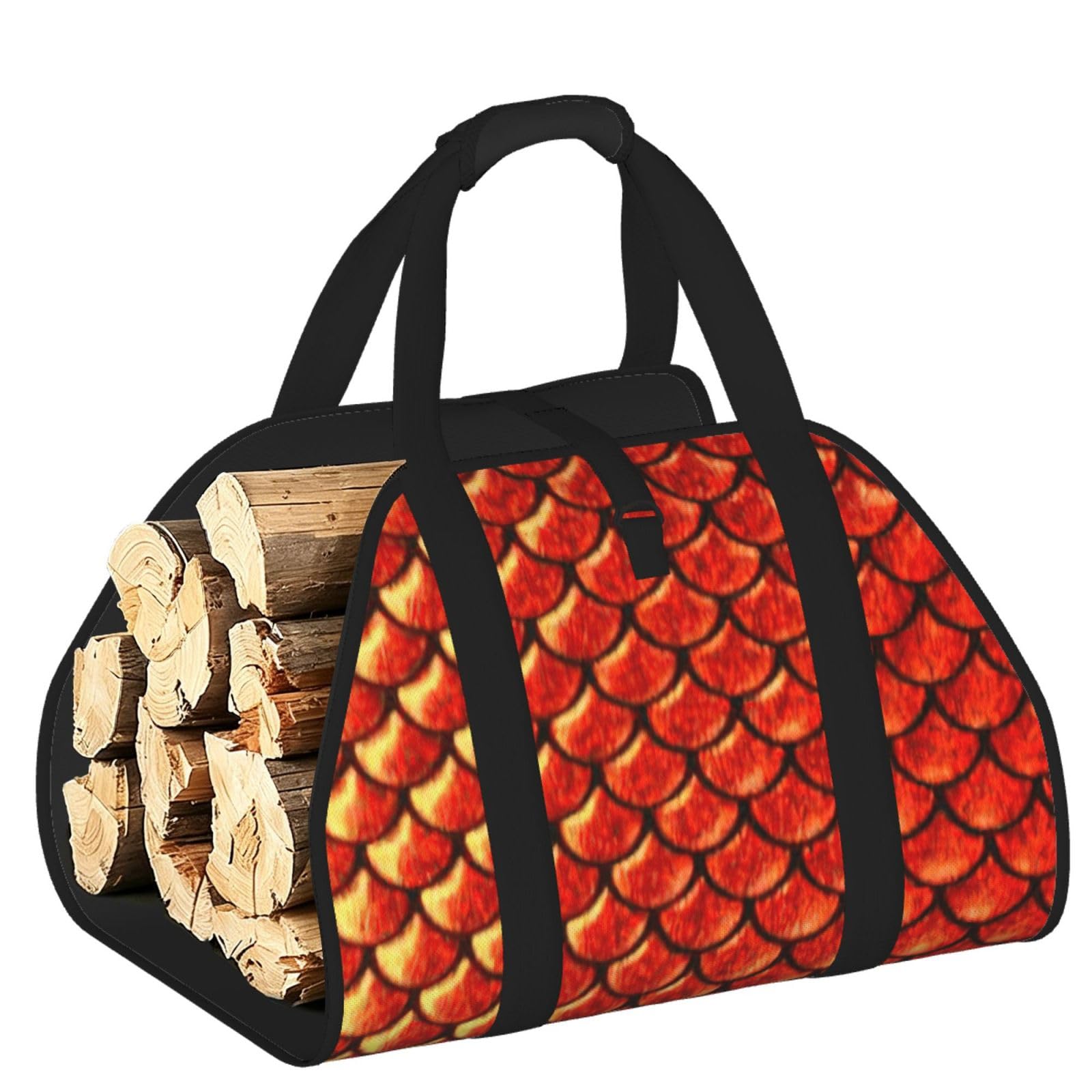 Ayyqwe Black Red Fish Scale Print Firewood Bag Wood Waterproof Versatile Camping Picnic Storage Daily Home