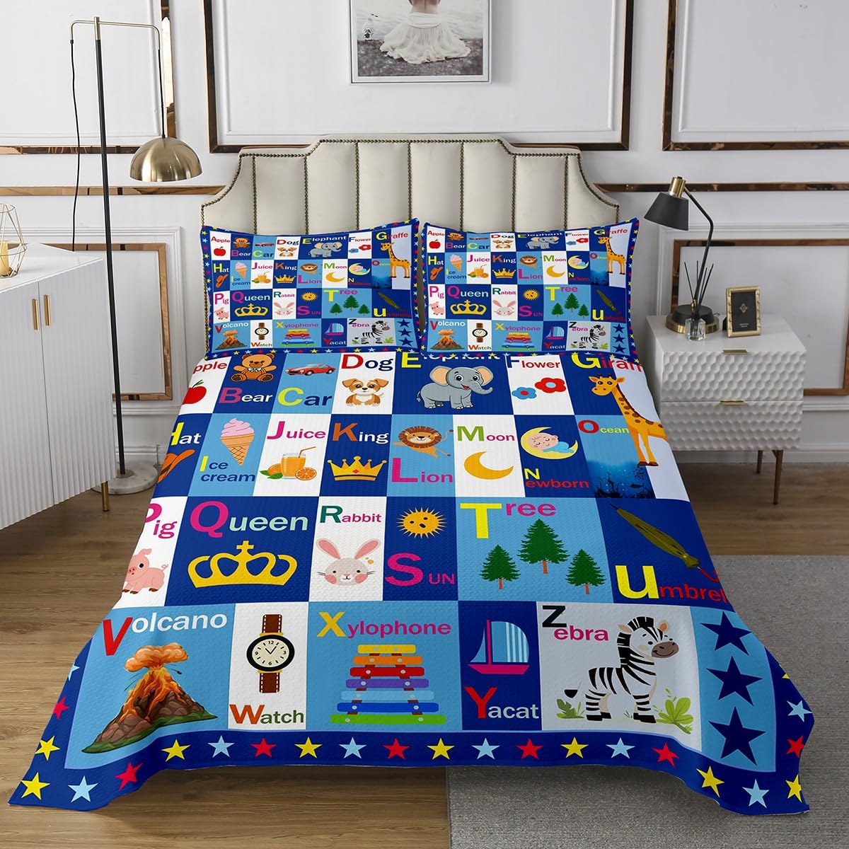 Feelyou Kids ABC Alphabet Coverlet Set Queen Size, Educational Bedspread Boys Girls Learning Quilted Coverlet Teens Bedroom Decor 3Pcs