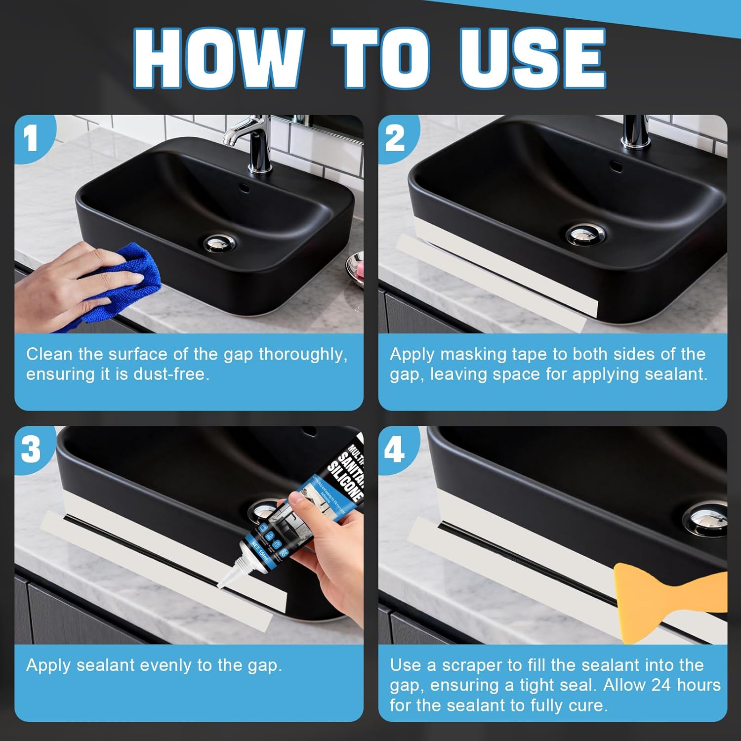 JAOJAO Black Silicone Caulk, Waterproof Black Caulk with Scraper and Sticker, Fast-Curing for Bathroom, Kitchen, Windows & Exterior Use - DIY Homeowners & Contractors, 150ml