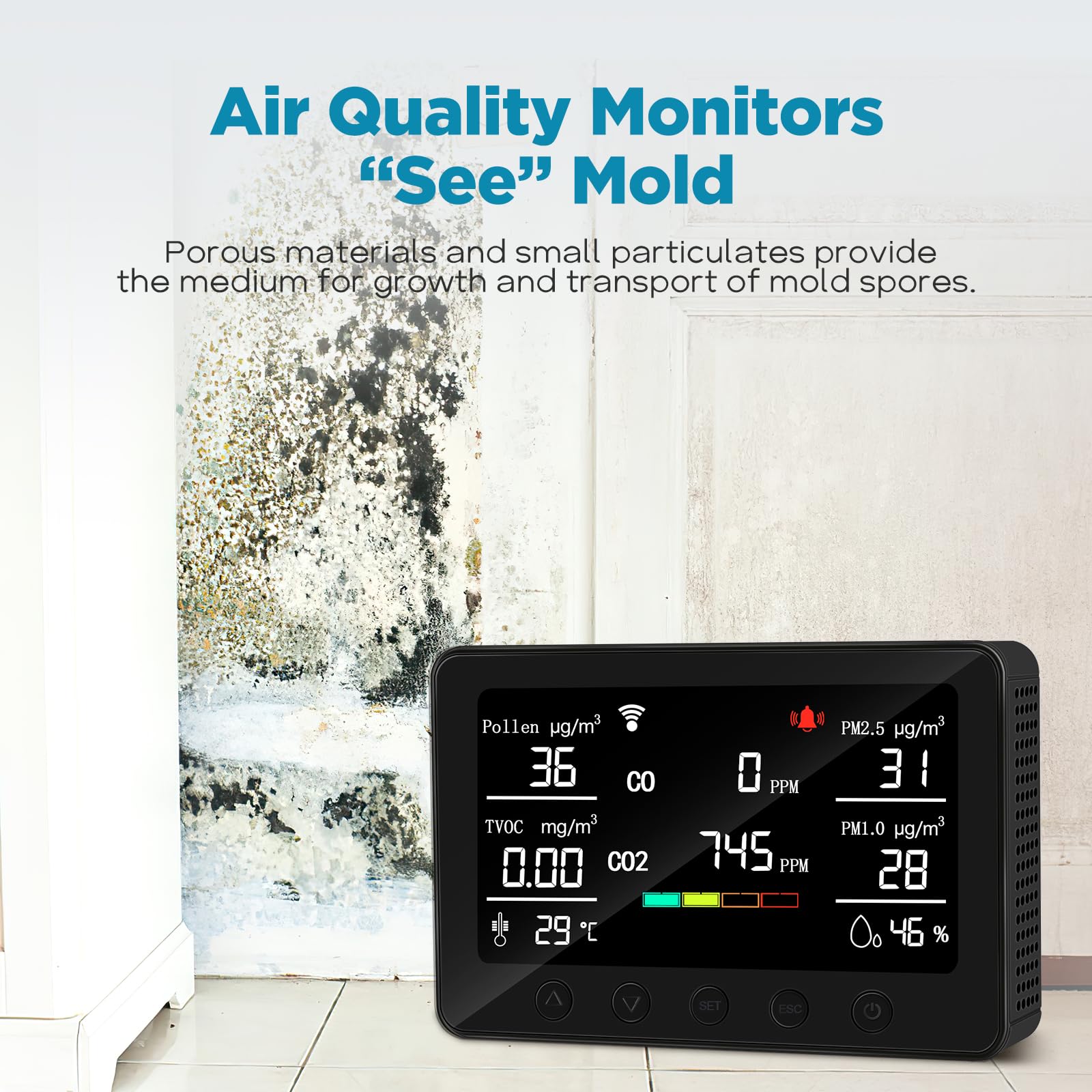 CF-30 Monitor de calidad del aire para interiores para polen, CO2, PM2.5, PM1.0, TVOC, temperatura, humedad, contaminación del aire con pantalla LCD grande, APP para configuración e historial