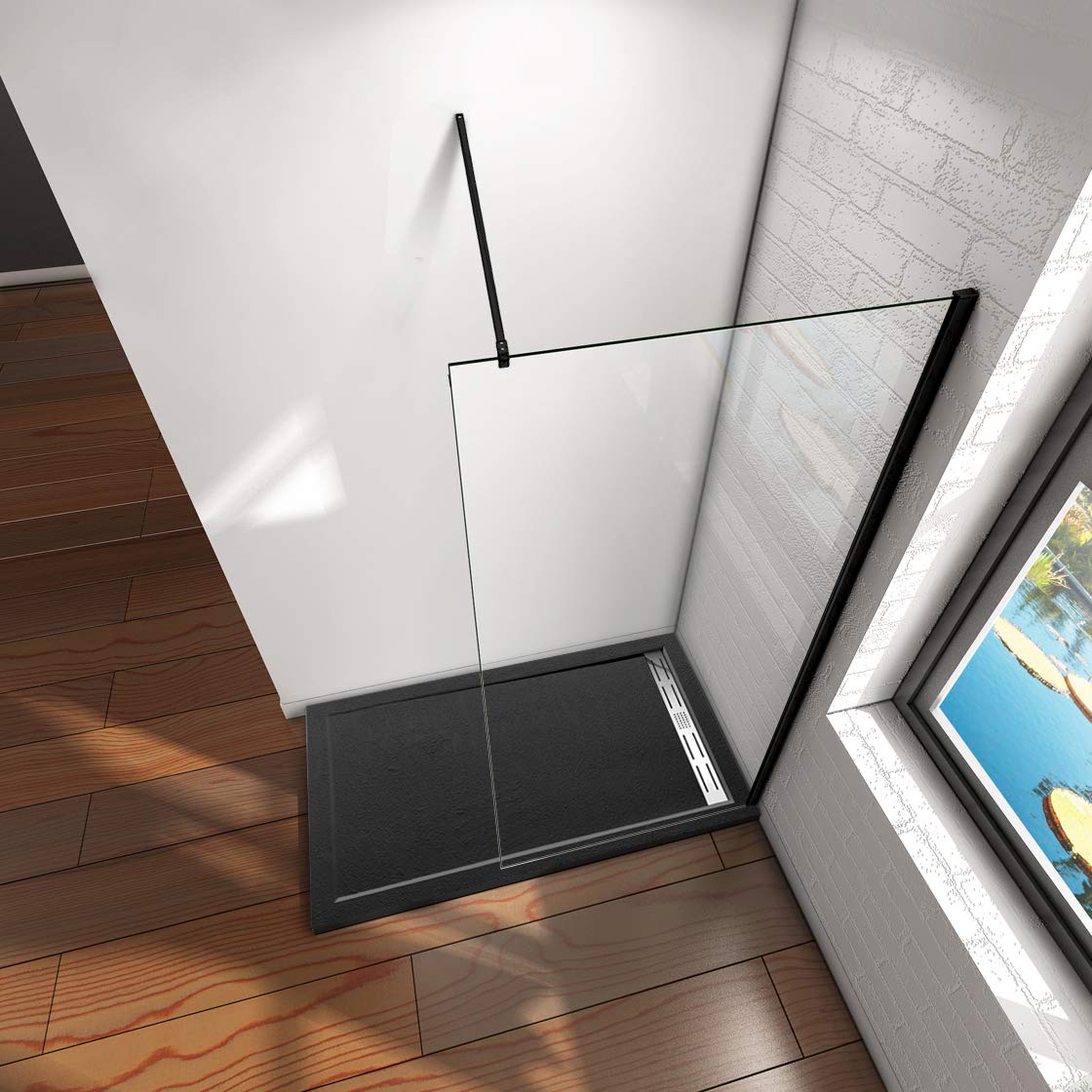 Mamparas de Ducha Pantalla Panel Fijo Perfil Negro Mate Cristal Antical 8mm Barra 140cm - 50x200cm
