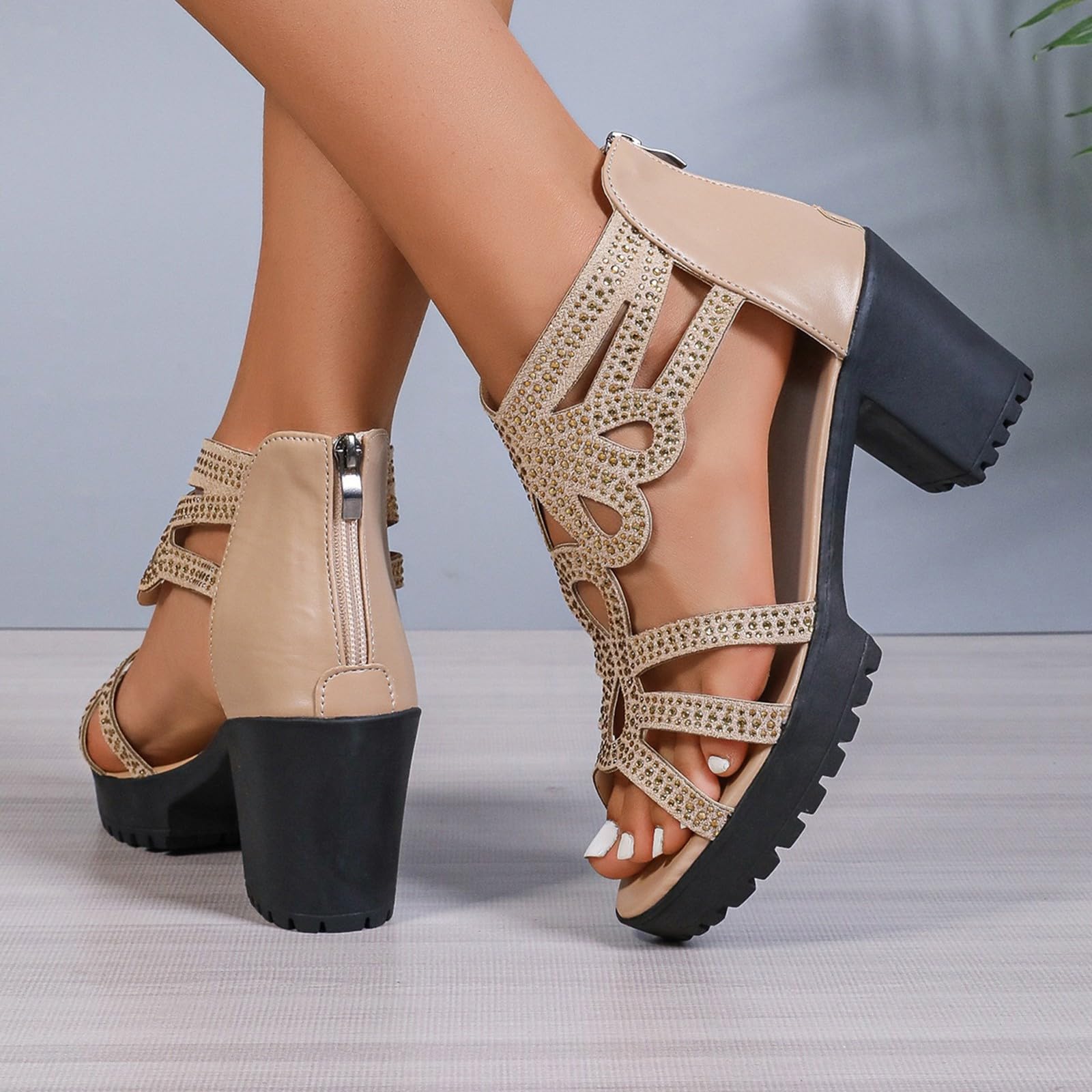 Sandali Donna Estivi Plateau Sandali con Zeppa con tacco e cerniera posteriore da donna grandi dimensioni stile estero bocca di pesce Borchie Scarpe Estivi