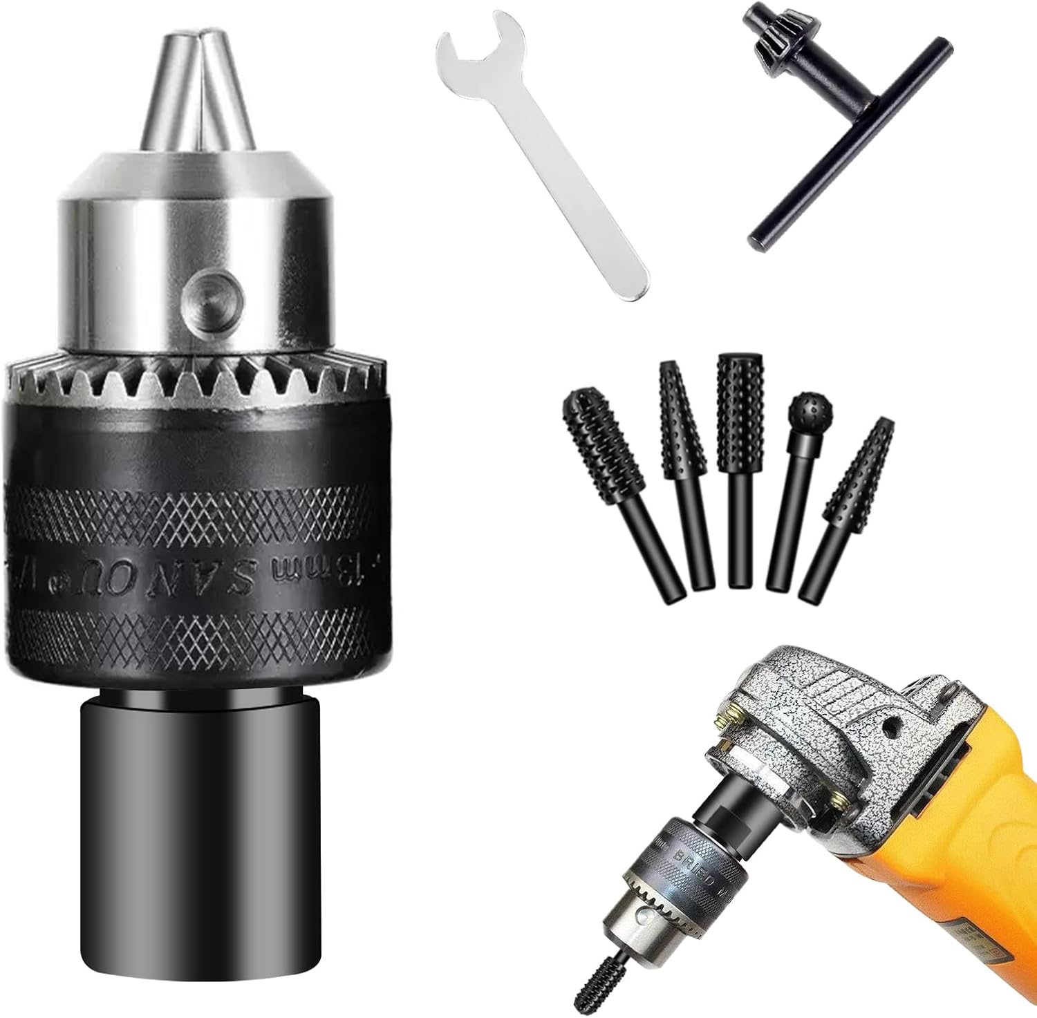 5/8"-11 Thread Angle Grinder Drill Chuck Adapter Kit | Includes 5Pcs Rotary Burr Files,1/16''-1/2'' Metal Drill Chuck,5/8"-11 to 1/2"-20 Arbor Converter for Metal Fabrication & Woodworking Projects