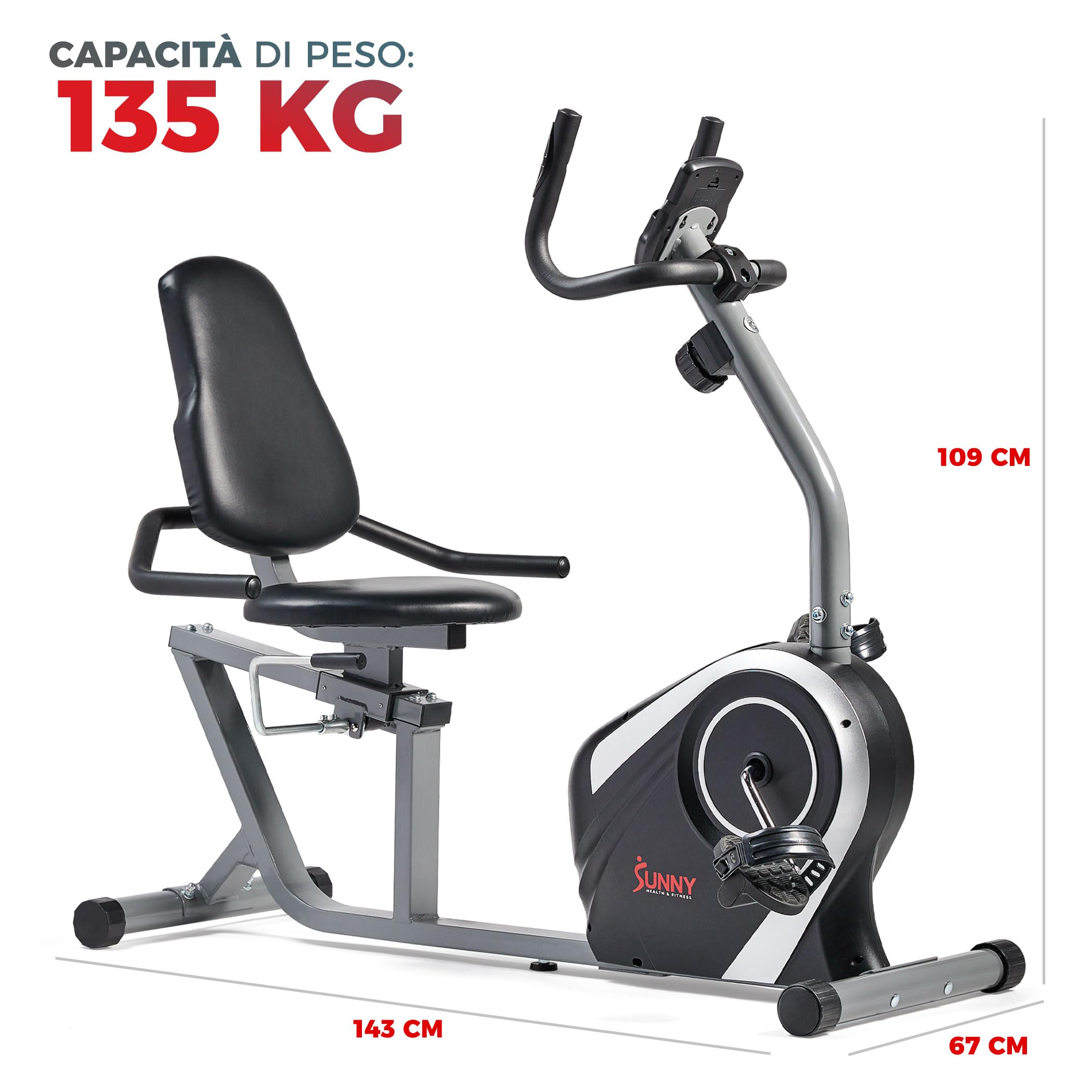 Sunny Health & Fitness Cyclette Orizzontale Magnetica Smart per Casa | App SunnyFit, Basso Impatto, Resistenza Magnetica Regolabile, Cushion Sedile / Back-Support, Wide Inseam Range