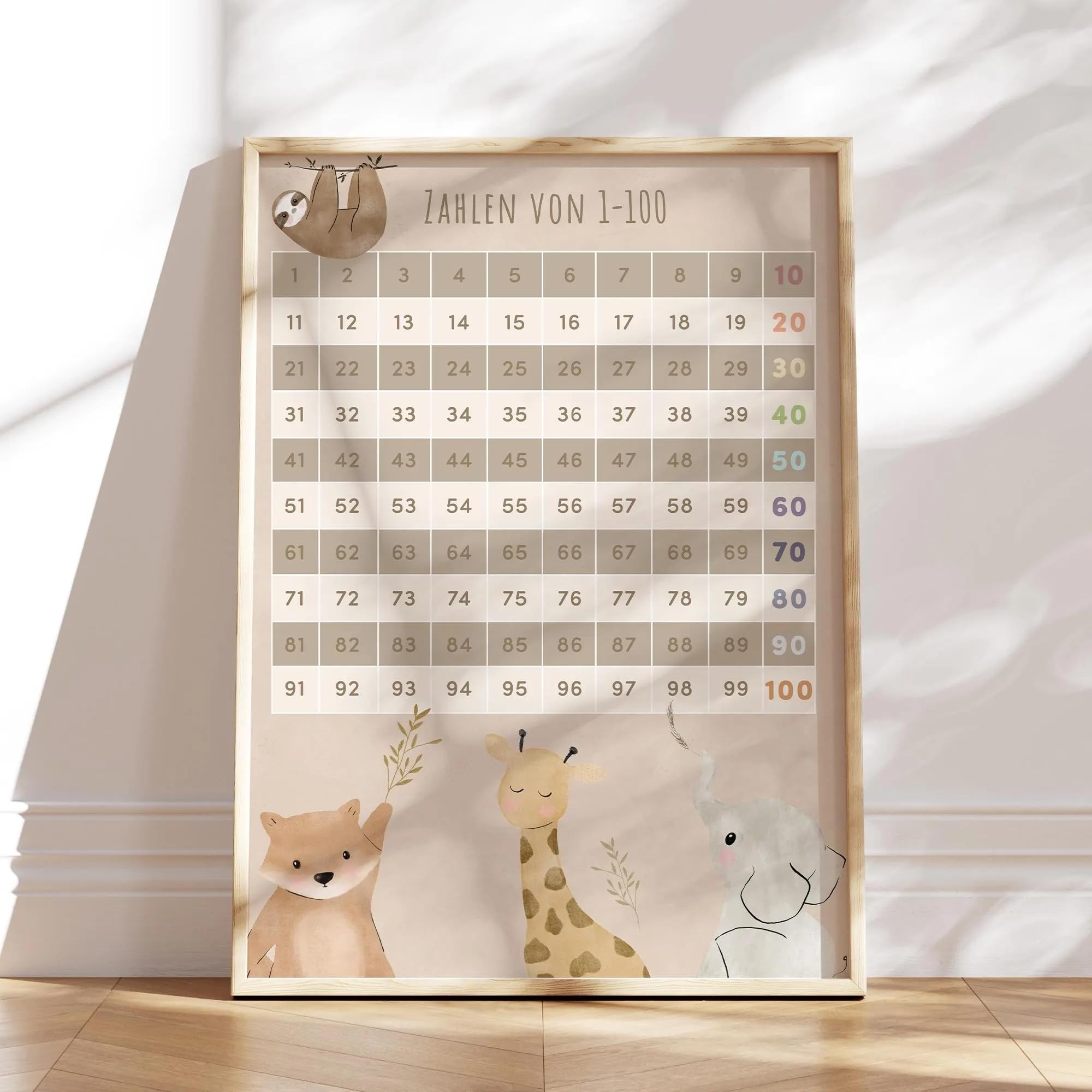 MeinBaby123® DIN A2 Zahlen 1-100 Kinderzimmer Poster | Zahlen von 1-100 Poster Lehrposter für Kinder | Lernposter Mathematik Grundschule | Zahlen lernen | Klassenzimmer Deko | (beige A2)