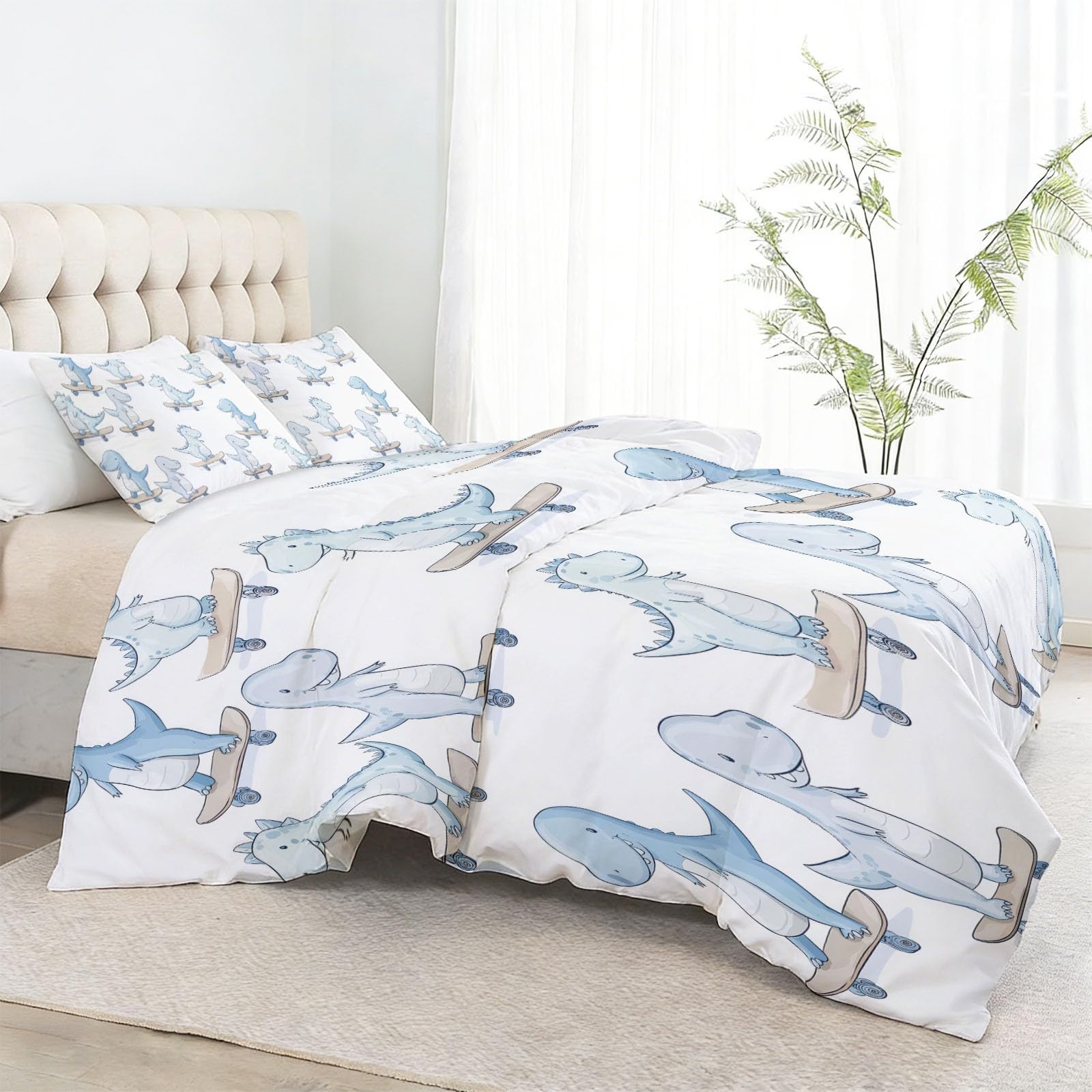 Poszwa na kołdrę 200 x 200 cm niebieski biały dinozaur deskorolka uroczy - 2-osobowy zestaw pościeli z miękkiej mikrofibry - zestaw pościeli z zamkiem błyskawicznym i 2 poszewkami na poduszki