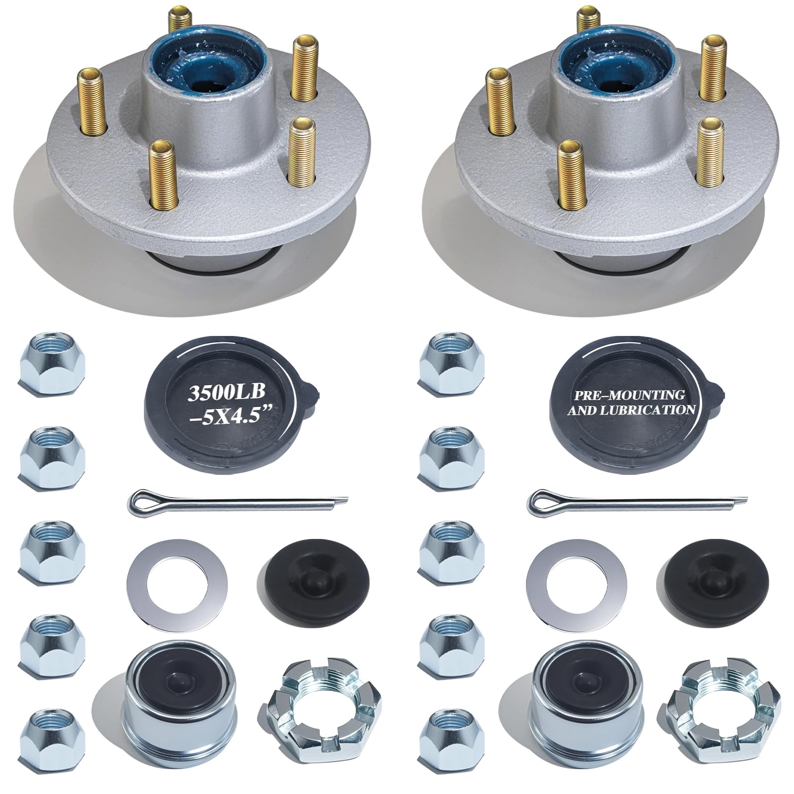2 juegos de bujes de remolque galvanizados de 5 pernos 4.5, kit de bujes de remolque de barco, 5 lengüetas de 5 x 4.5 preinstalados y lubricados para eje cónico de husillo de 3500 libras de