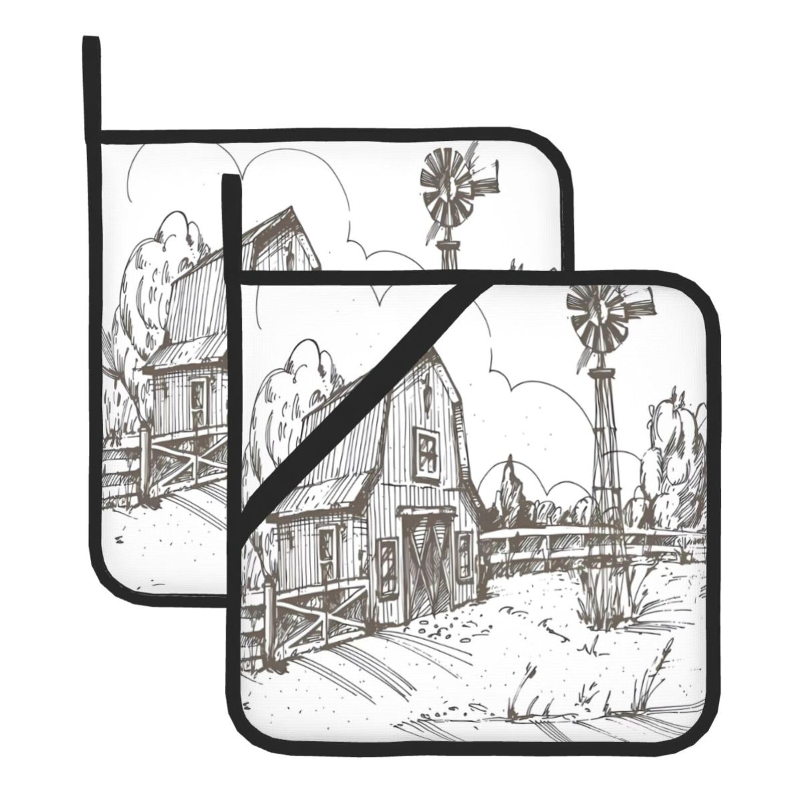 HJFCZH Small town house Prints Square Hot Pads for Kitchen - Waterproof Heat Resistant Potholders, Thick Trivet Covers with Hanging Loops, Oven & Grill Dish Protectors (2-Pack)