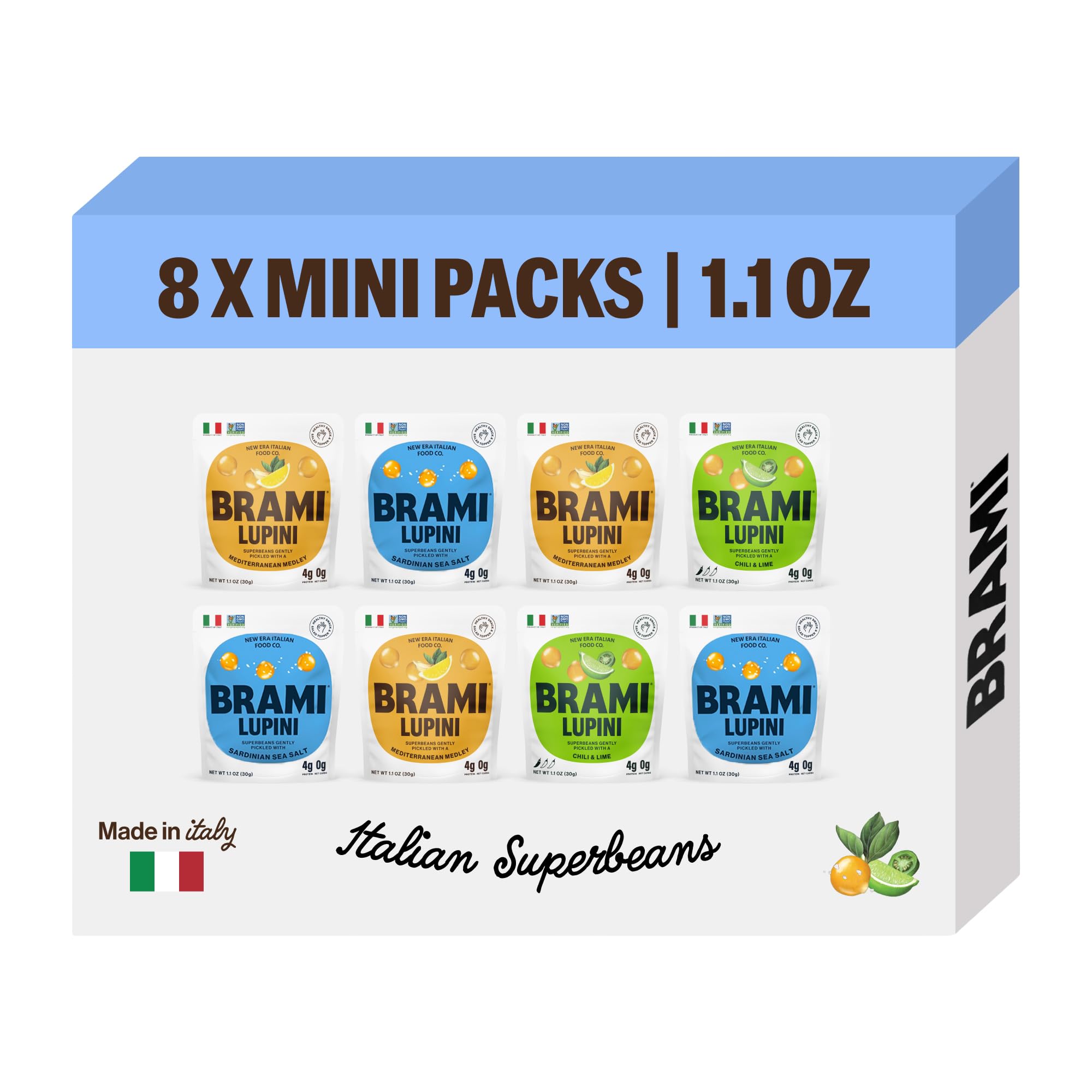 BRAMI Lupini Beans Snack, Variety,0.25 oz Plant Protein, 0g Net Carbs,Vegan, Vegetarian, Keto, Plant Based, Mediterranean Diet,1.1 Ounce (Pack of 8)