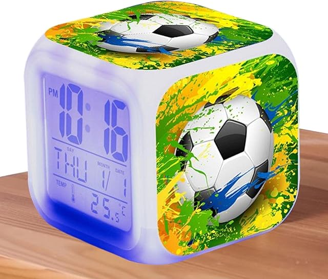 Sakamura Digital Alarm Clock - Boys Football Alarm Clock - Colorful Clock for Shelf Table Bedside for Remind Kids, Childrens Room Decoration for Teens