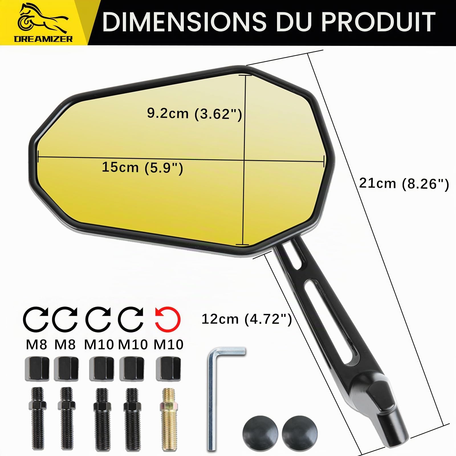 DREAMIZER E24 Homologués Rétroviseur pour Moto, Rétroviseur Latéral pour Moto de 8mm 10mm Compatible avec Z900 Z1000 Z800 Z650 Z750 Z250 Z125 XJ6, MT03 MT07 MT09 MT10, Quad ATV Scooter Touring Chopper
