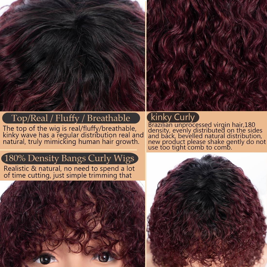 14inch Short Curly Wigs with Bangs Human Hair for Black Women Human Hair Afro Natural Curly Wig Brazilian Virgin Curly Wig 180% Density None Lace Front Bob Wigs TT1B/99J - Image 3