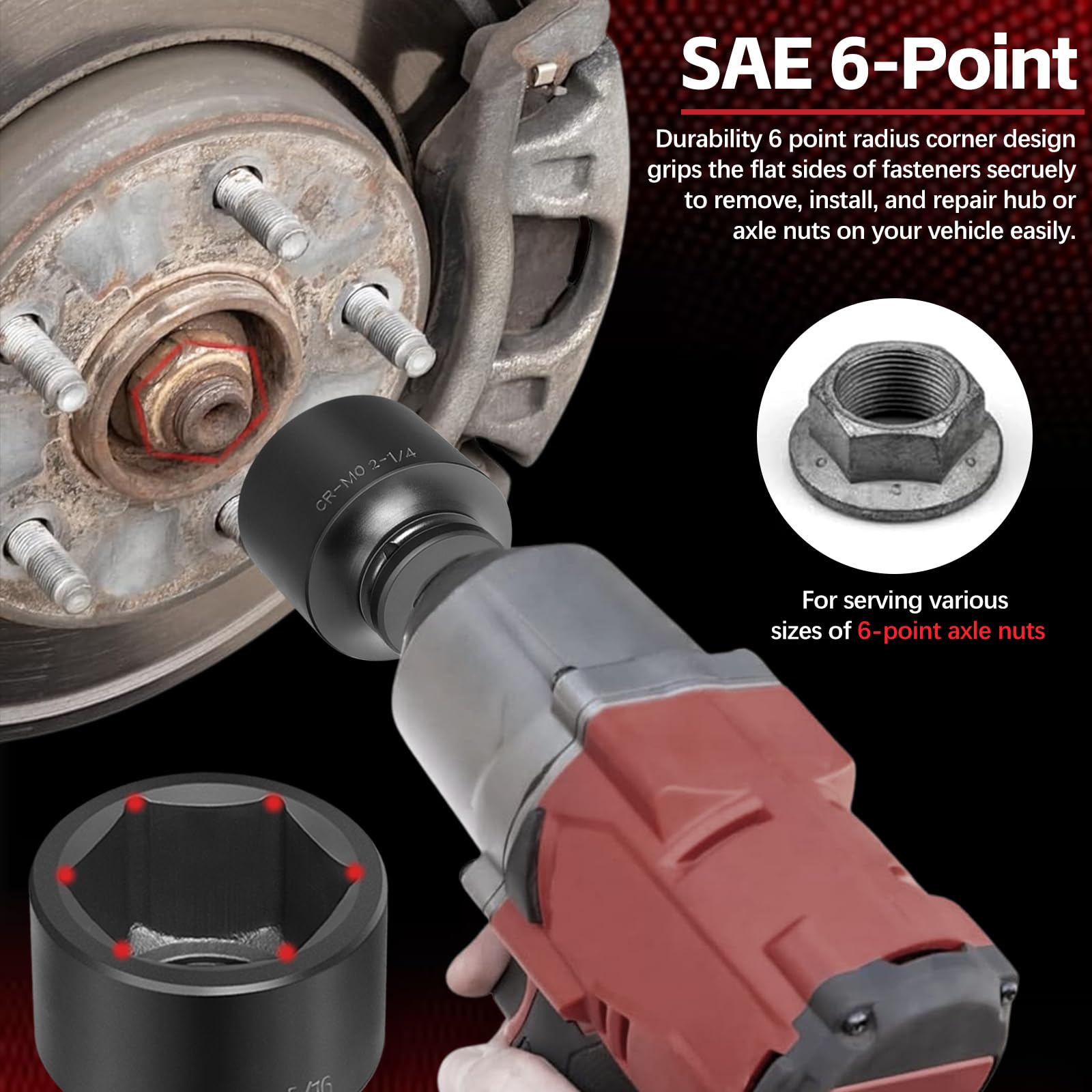 3/4'' Drive Spindle Axle Nut Impact Socket Set, 8 Pack Large