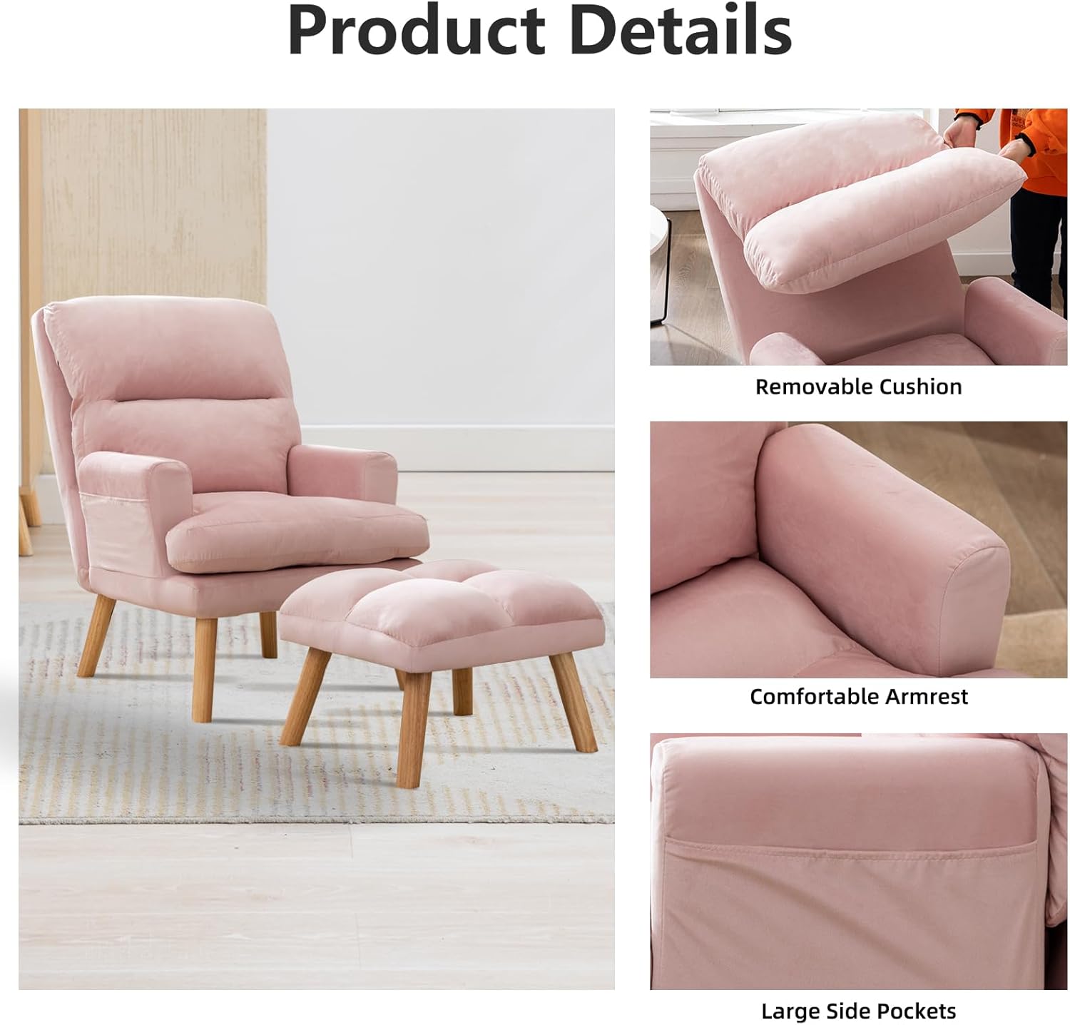 IOMOR Accent Chair with Ottoman Comfy Reading Chair Armchair with Adjustable Backrest and Side Pockets Soft Fabric Leisure Sofa for Bedroom, Living Room, Dorm Rooms, Garden, Pink