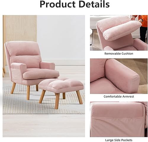 Miniatura 5 de Silla decorativa con otomana cómoda silla de lectura con respaldo ajustable y bolsillos laterales, sofá de ocio de tela suave para dormitorio, sala