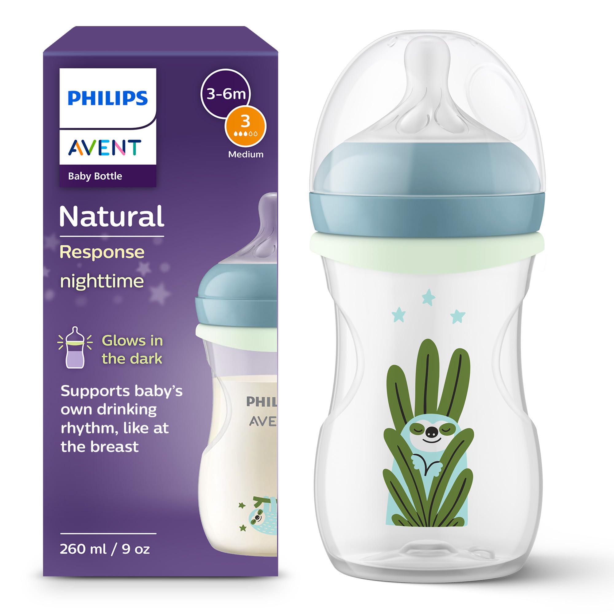 Philips Avent Natural Response Babyflasche für die Nacht – 260 ml, mit mittlerer Durchflussrate (Mittel 3), separater im Dunklen leuchtender Ring, Motiv müdes Faultier, SCY903/81