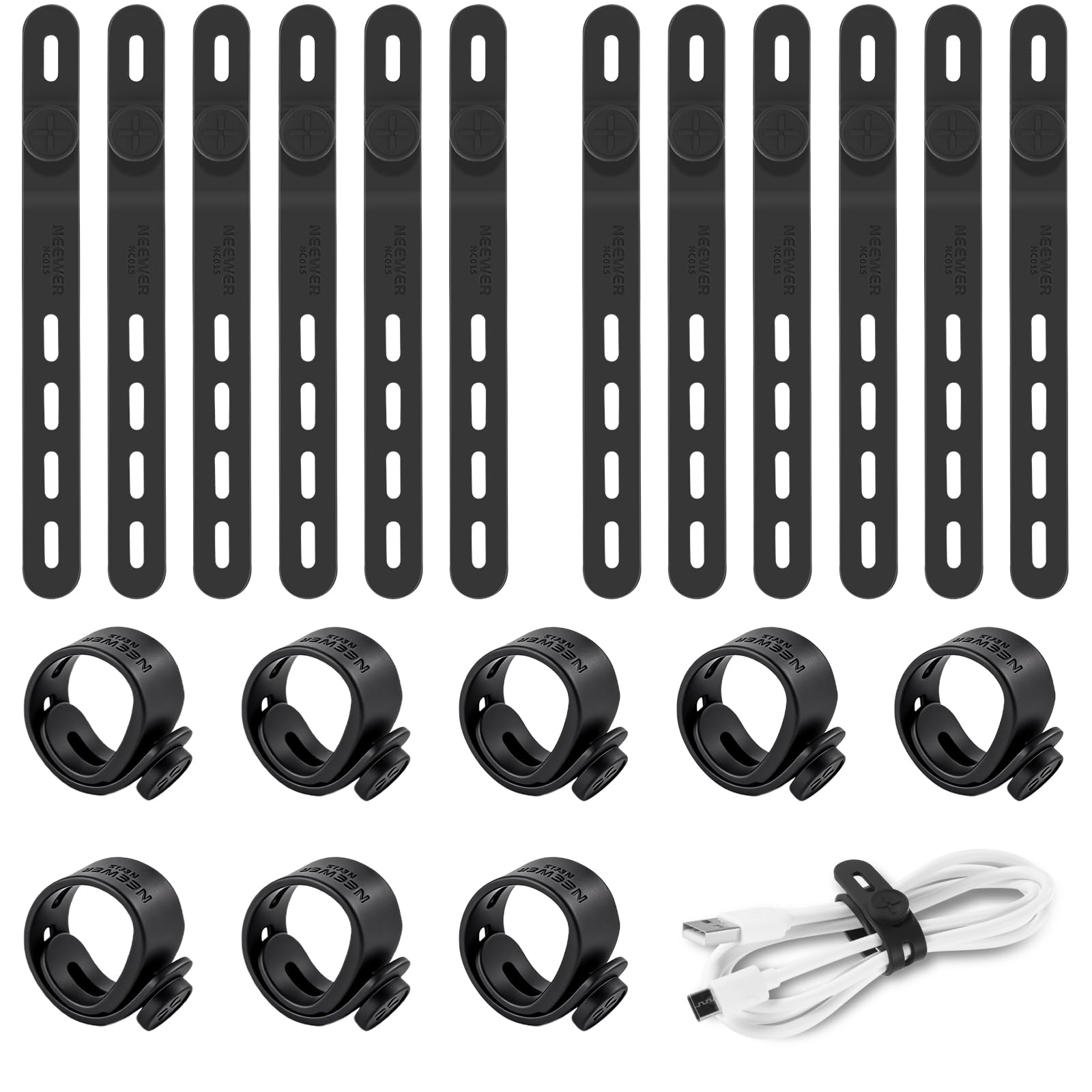 NEEWER 20PCS Silicone Cable Ties, Adjustable Reusable Office Desk Wire Organizer Data Cord Keeper Management Strap Accessories with Buckles for Power Audio Charging Electrical Cords, NC015