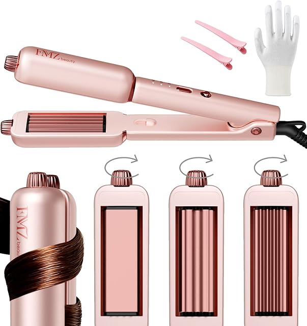 FMZ Flat Iron Hair Straightener Crimper Curler, Professional 4 in 1 Pink Hair Styling Irons for Straightening, Crimping, Curling, Fast Heating, Dual Voltage, Mini and Portable for Women Travel Home
