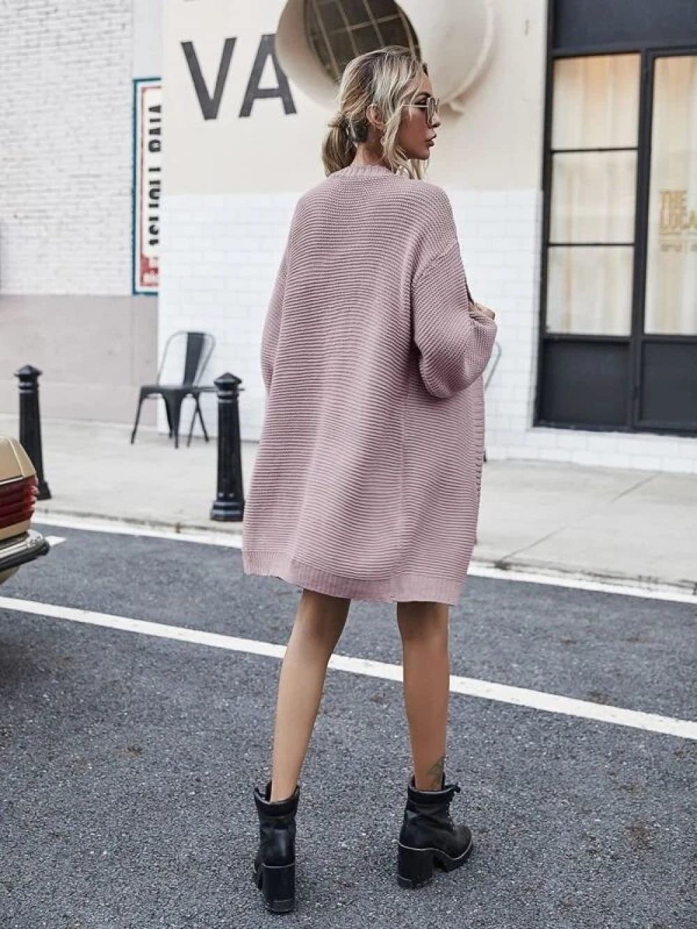 HGJH Pullover Damen, Damen Strickpullover Vorne Offen Lang Mittellang Strickjacke Rippstrick Kimono Einfarbig Grau Rosa Strickjacke Weich Elegante Leichte Herbstjacke Für Lässiges Business