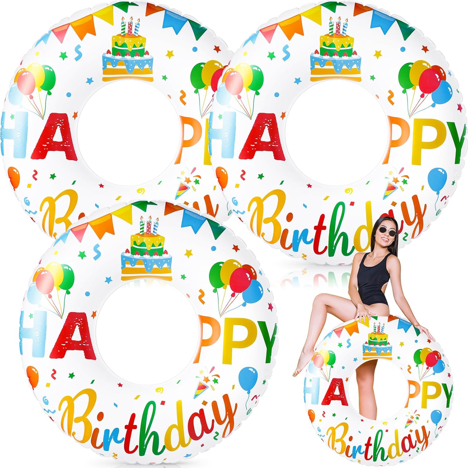 Leyndo Happy Birthday Inflatable Pool Float Tube 47.24 Inch Jumbo Pool Float Birthday Party Swimming Tube Happy Birthday Swim Rings for Adults Summer Water Birthday Supplies Decor