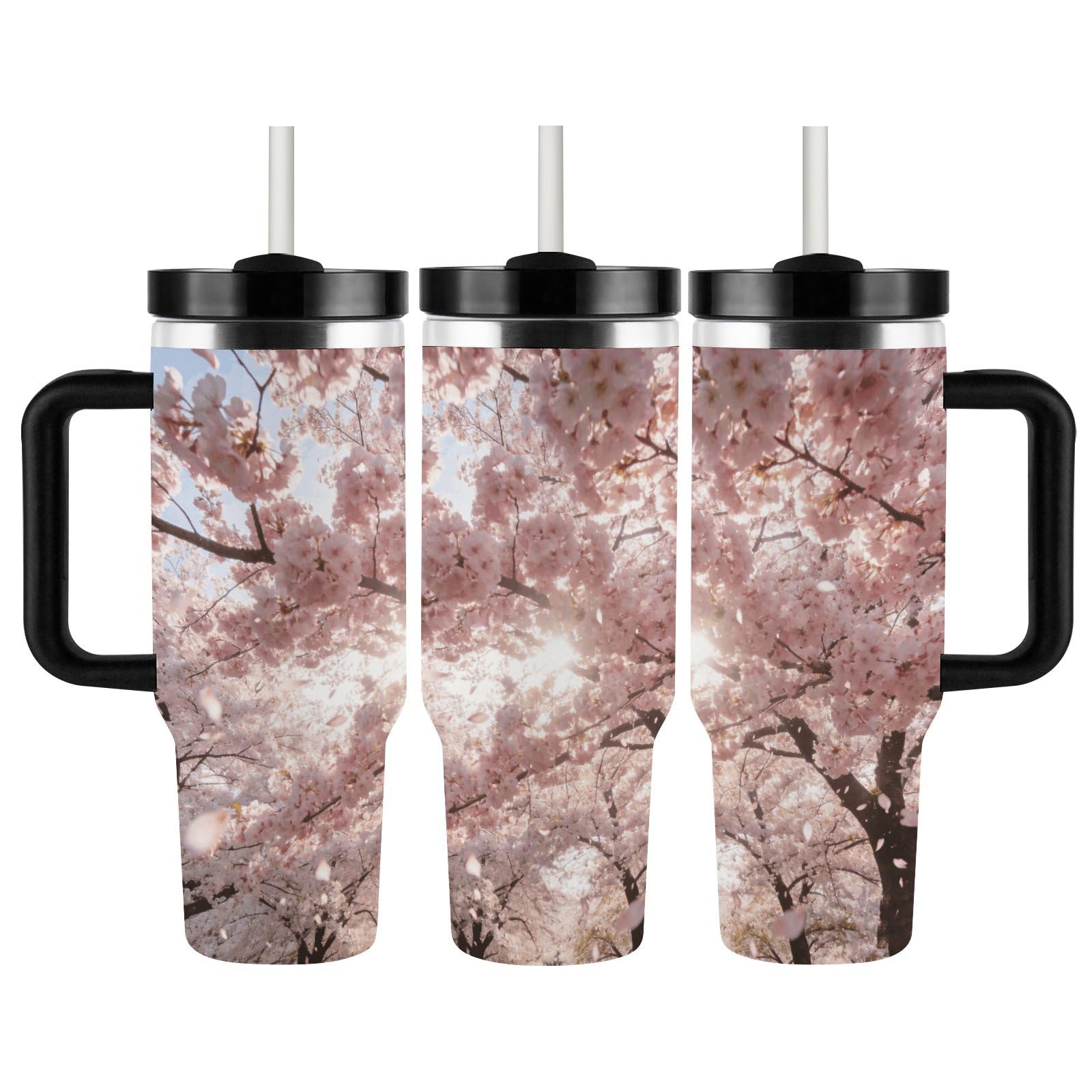 Cherry Blossoms - Vaso de café de viaje de acero inoxidable, taza de café con tapa y popote, taza con asa, gran capacidad, doble pared al vacío, taza térmica de café helado, 40 onzas