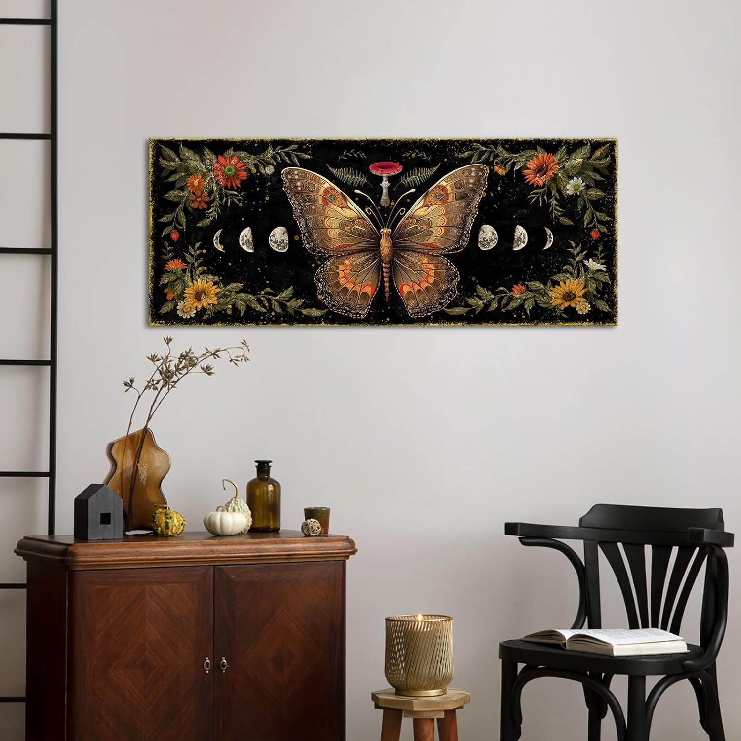 RnnJoile Witchy Canvas Wall Art Butterfly Moon Phase Prints Picture Gothic Painting Wall Decor Framed 16"x40" Black