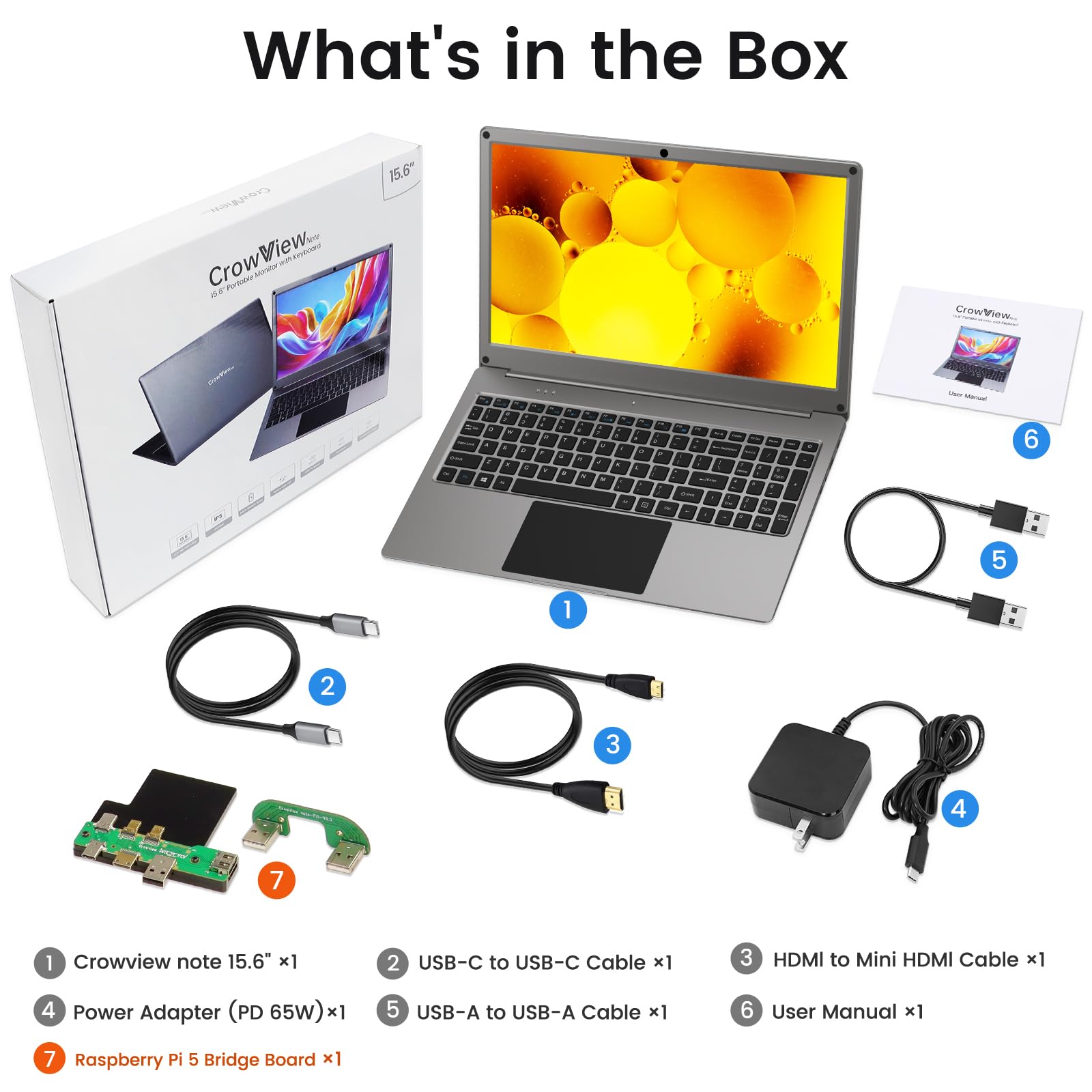 Portable Monitor with Keyboard, 15.6 Inch Lapdock Display with 6000mah Built-in Battery,CrowView Note 1080P FHD USB C Monitors with RPi5 Adapters Compatible with RPi5, PC, Phone, Mac, Game Console — view 9