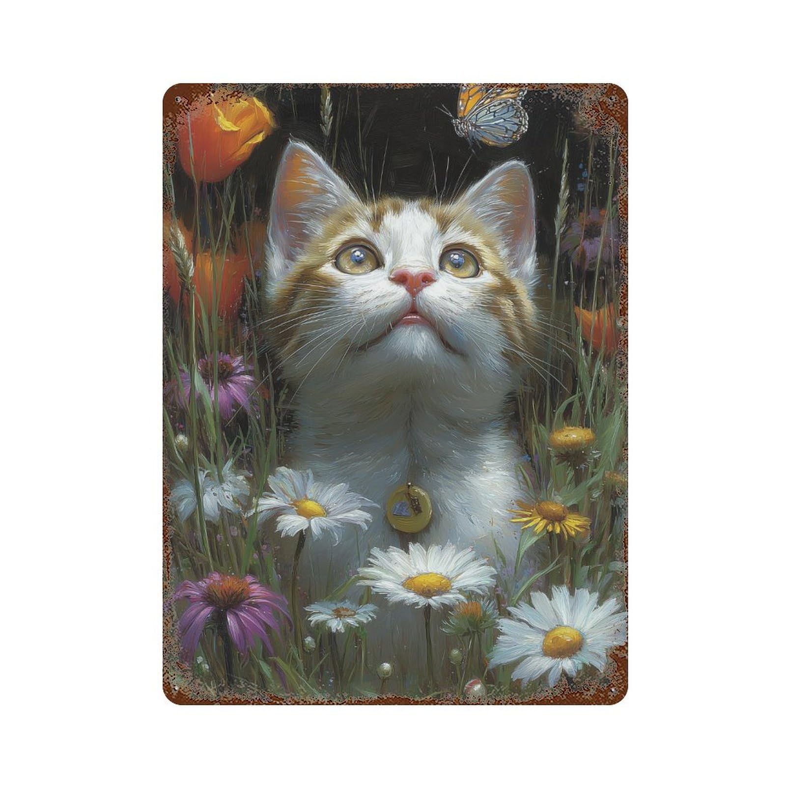Rust Effect Tin Sign Kitten in Flowers with Butterfly -2 15.7"x11.8", Industrial Home Decor for Garage, Bar And Workshop Decor