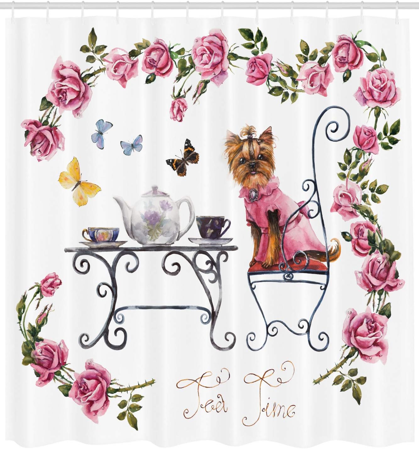 Ambesonne Yorkie Shower Curtain, Yorkshire Terrier in Pink Dress Having a Tea Party Tea Time Butterflies Roses, Cloth Fabric Bathroom Decor Set with Hooks, 69" W x 75" L, Pale Pink White
