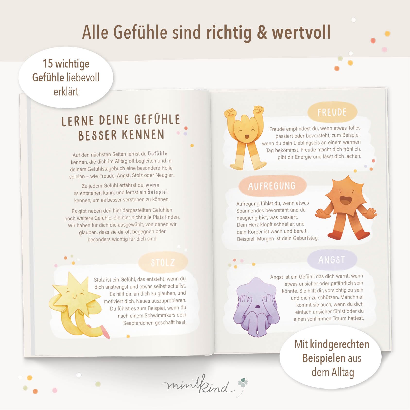 mintkind® Gefühlstagebuch Kinder 6–10 Jahre, pädagogisch entwickelt, 100 Tage Gefühle verstehen & Dankbarkeit, zum Ankreuzen & Ausfüllen, inkl. 160 Sticker, A5, 146 Seiten, Rätsel & Übungen