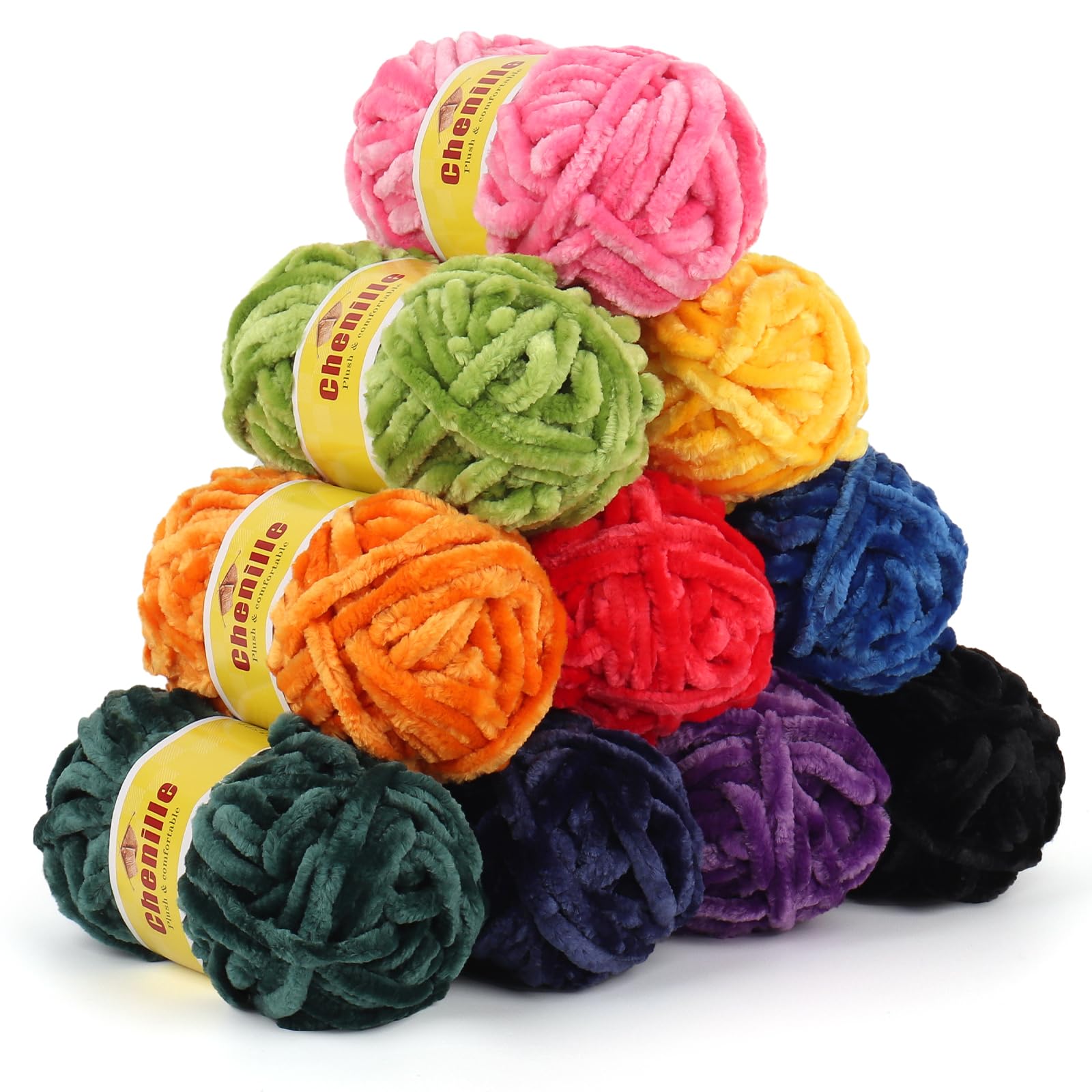 Reessy 10x25g Chenille Yarn, Soft Chunky Wool for Crochet and Knitting, 5mm Thick Yarn Fluffy Knitting Wool for Baby Blanket, Amigurumi, Scarves, Bag, DIY Crafts-Vibrant