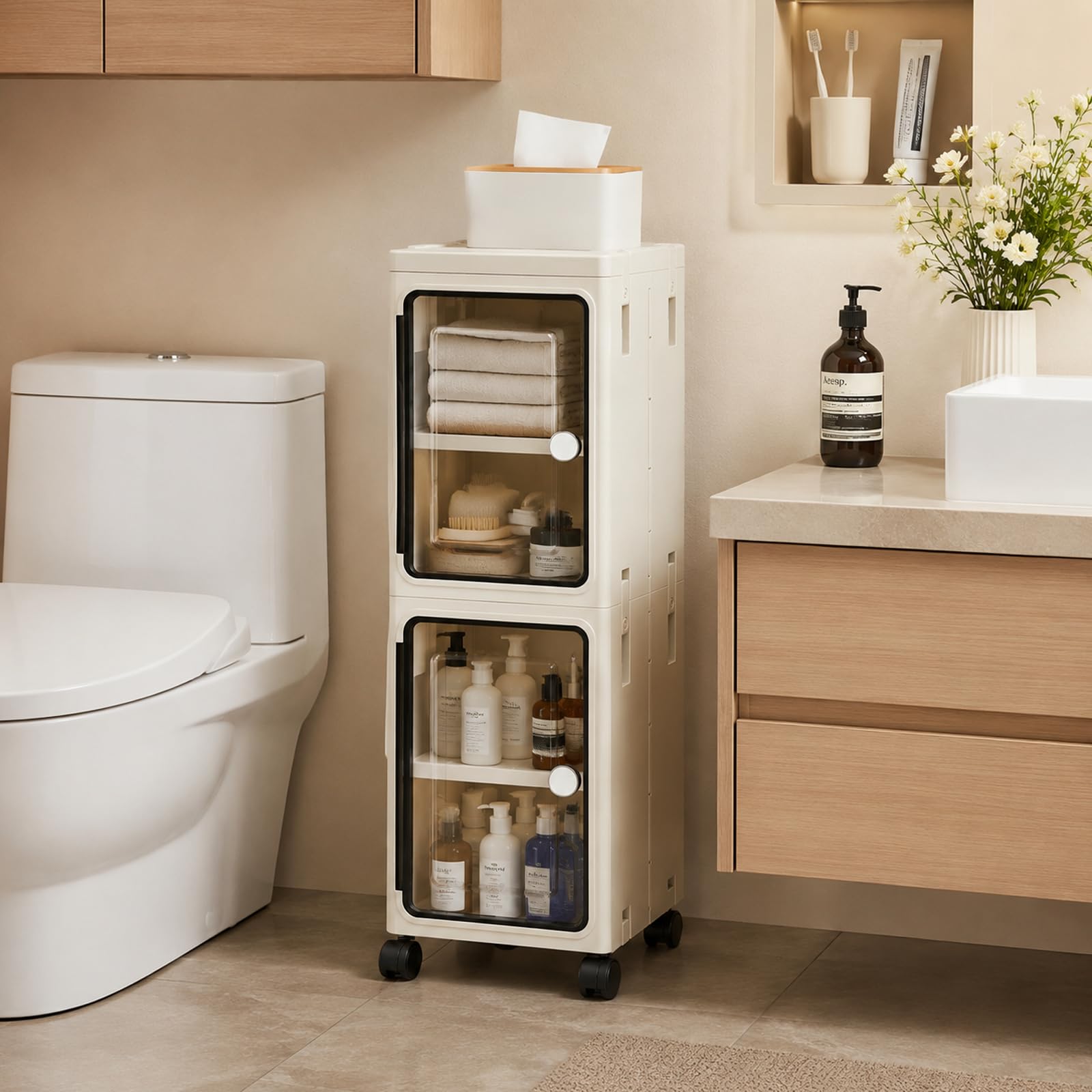 W&H Bathroom Storage Cabinet,2Tier Freestanding Plastic Toilet Storage Unit