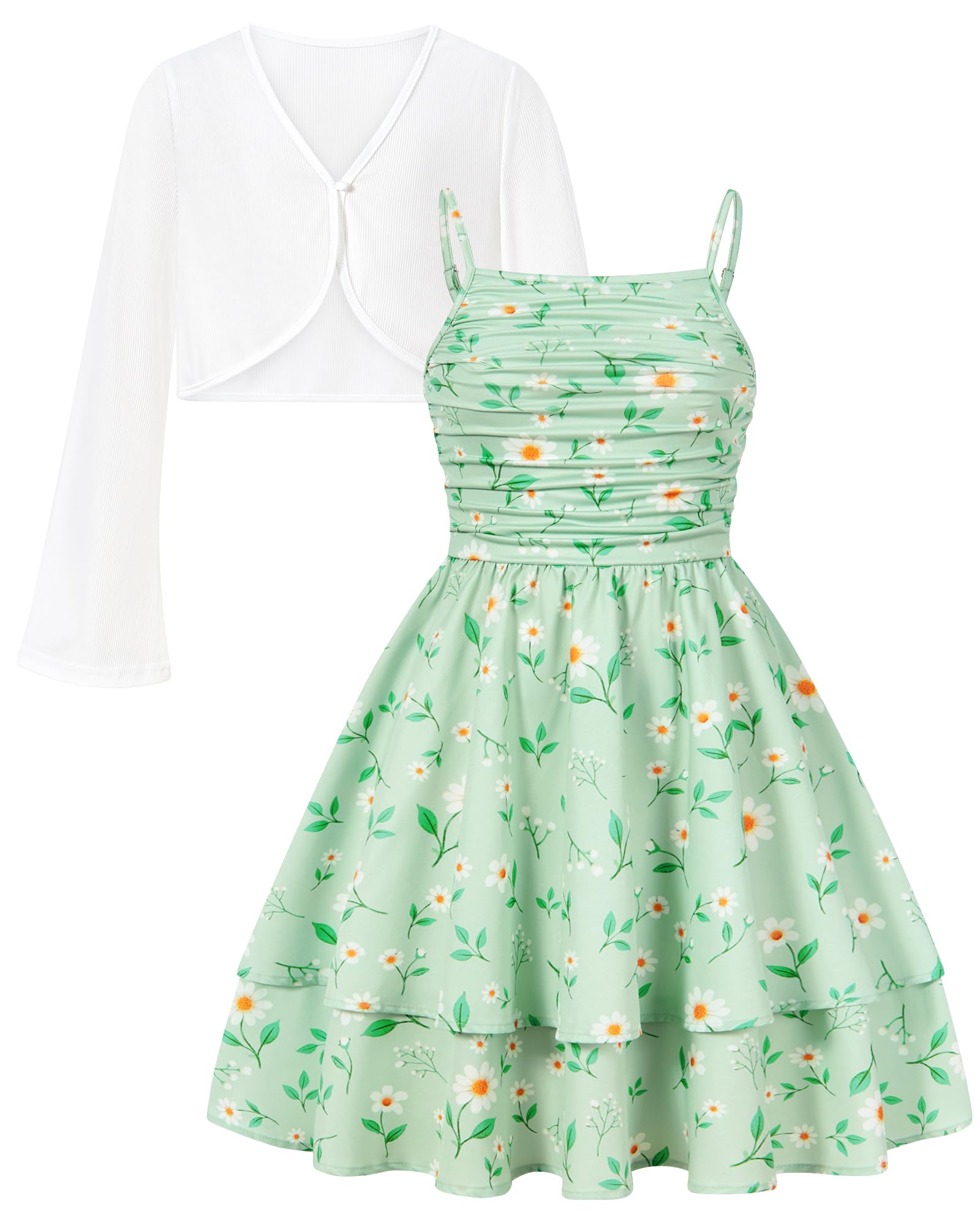 ALISISTER Mädchenkleid mit Blumenmuster, Größe 36-44, doppellagiges Kleid mit ausgestellten Ärmeln, Cardigan