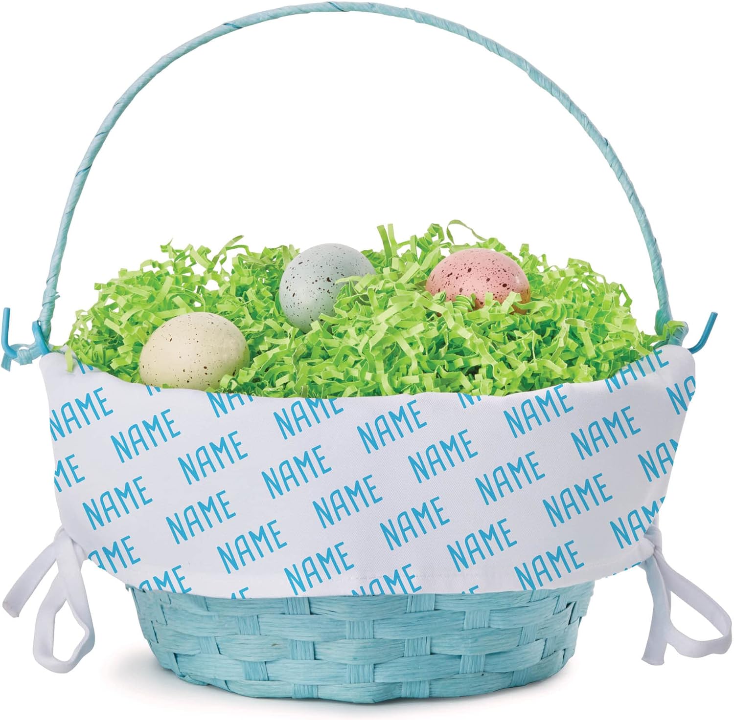 My Name Pattern Personalized Easter Egg Basket with Handle and Custom Name | White Easter Basket Liners | Blue Basket | Woven Easter Baskets for Kids | Customized Easter Basket